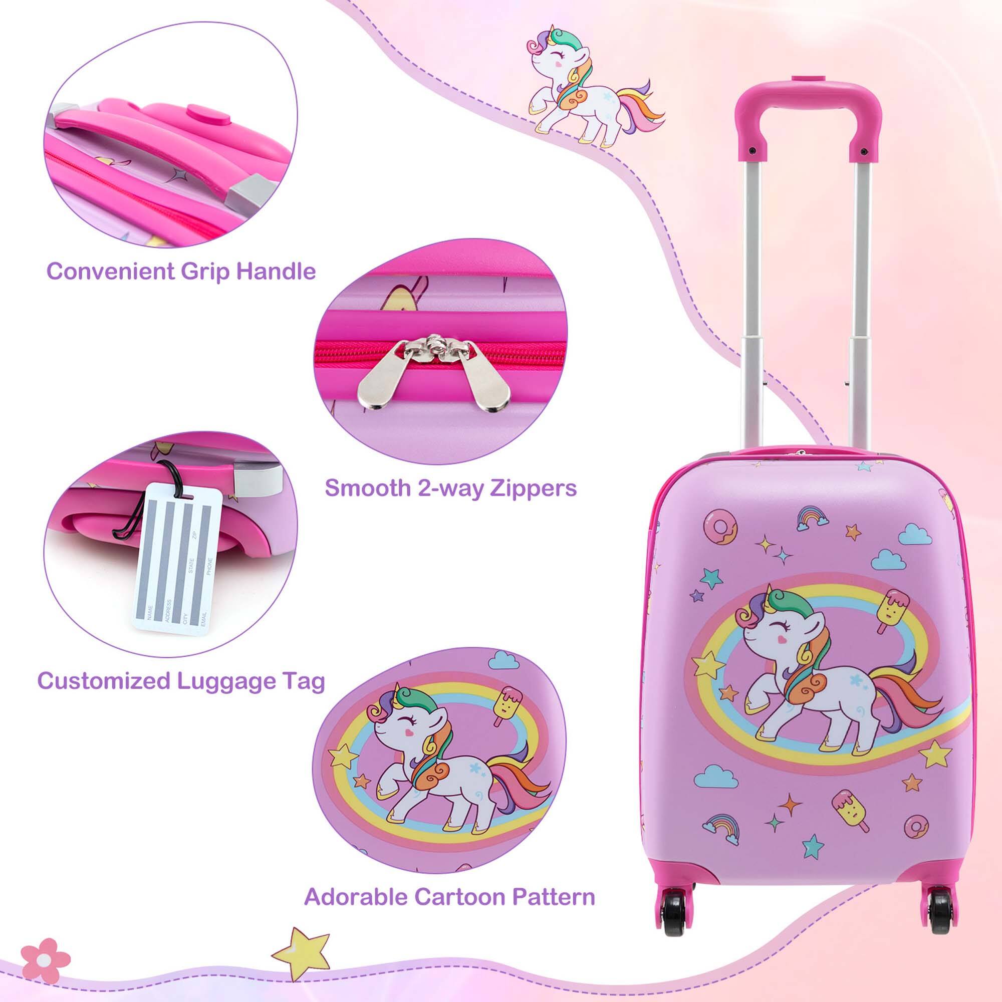 The text on the image is grouped and corrected as follows:

1. Convenient Grip Handle: This feature allows for easy transportation of the luggage.
2. Smooth 2-way Zippers: These zippers provide a convenient way to open and close the suitcase.
3. Customized Luggage Tag: This allows for personalization of the luggage.
4. Adorable Cartoon Pattern: The pink suitcase features a cute cartoon pattern.

The image showcases a pink suitcase with a cartoon pattern, which is designed to be convenient and visually appealing.