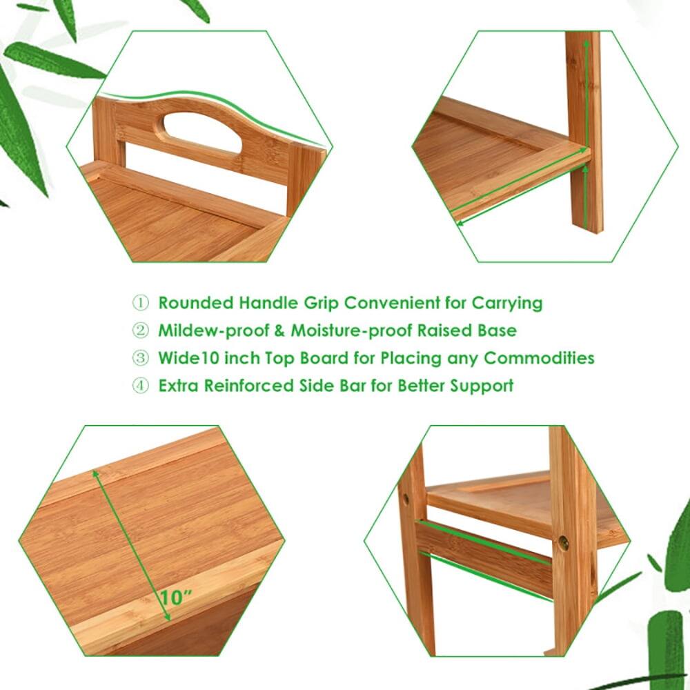 1. Rounded Handle Grip Convenient for Carrying  
2. Mildew-proof & Moisture-proof Raised Base  
3. Wide 10 inch Top Board for Placing any Commodities  
4. Extra Reinforced Side Bar for Better Support  
10"