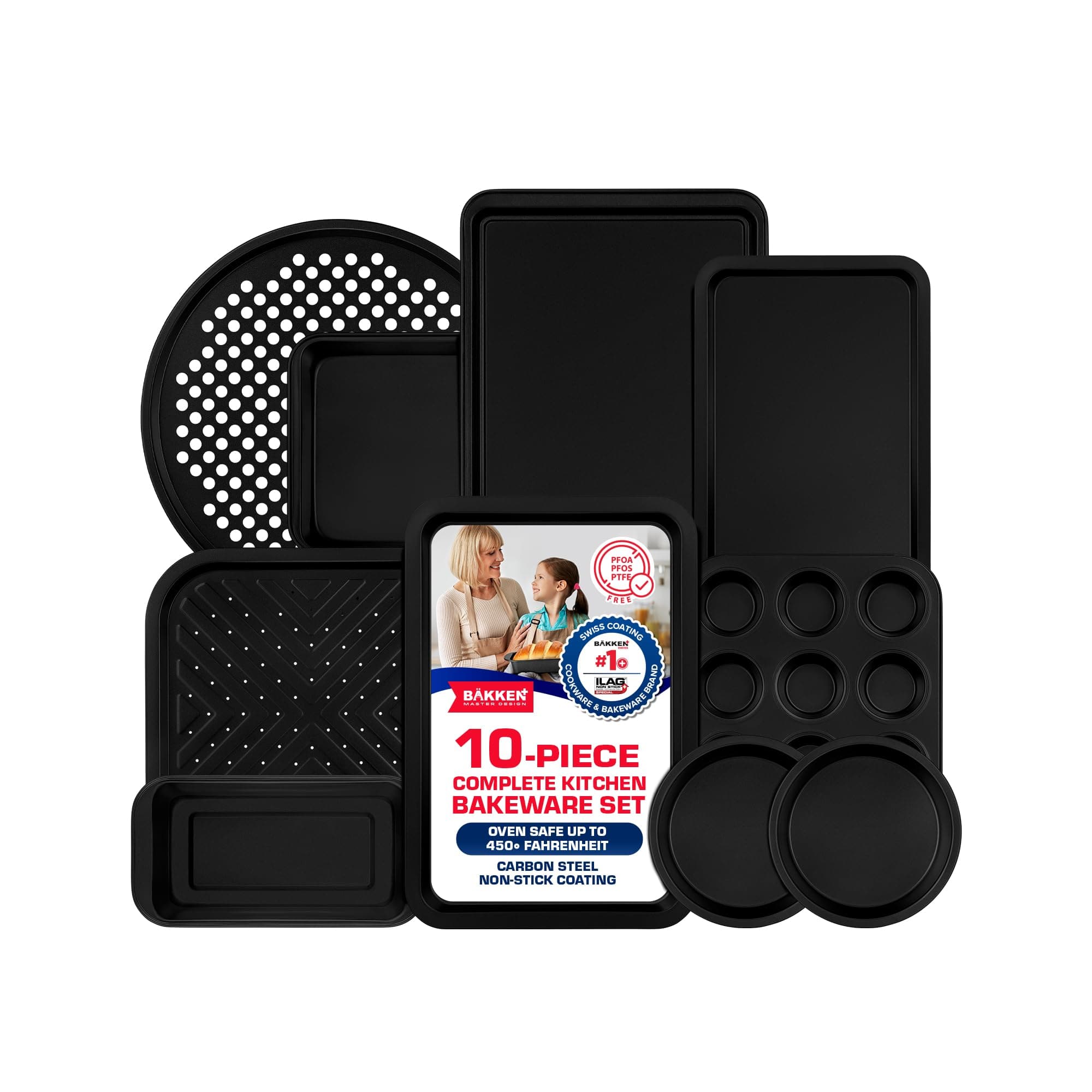 Bakken- Swiss - Baking Set – 10 Piece – Deluxe Non Stick Coating Inside and Outside – Carbon Steel Bakeware Set – PFOA PFOS and PT - Black