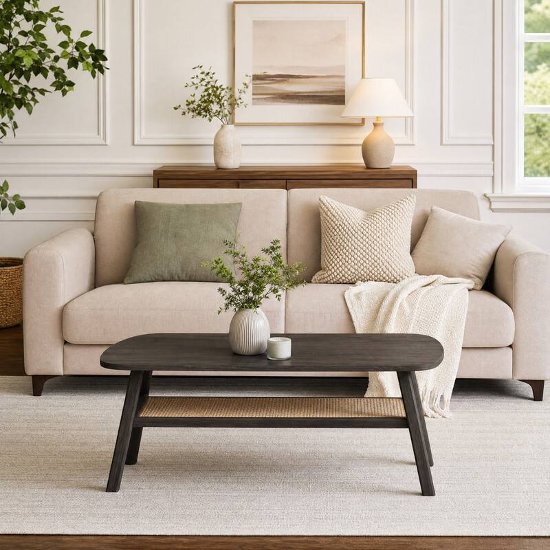 Angle. WELLFOR - 2-Tier Rattan Coffee Table with Rounded Corners & Storage Shelf, Center Table Cocktail Tea Table for Living Room - Dark Gray.