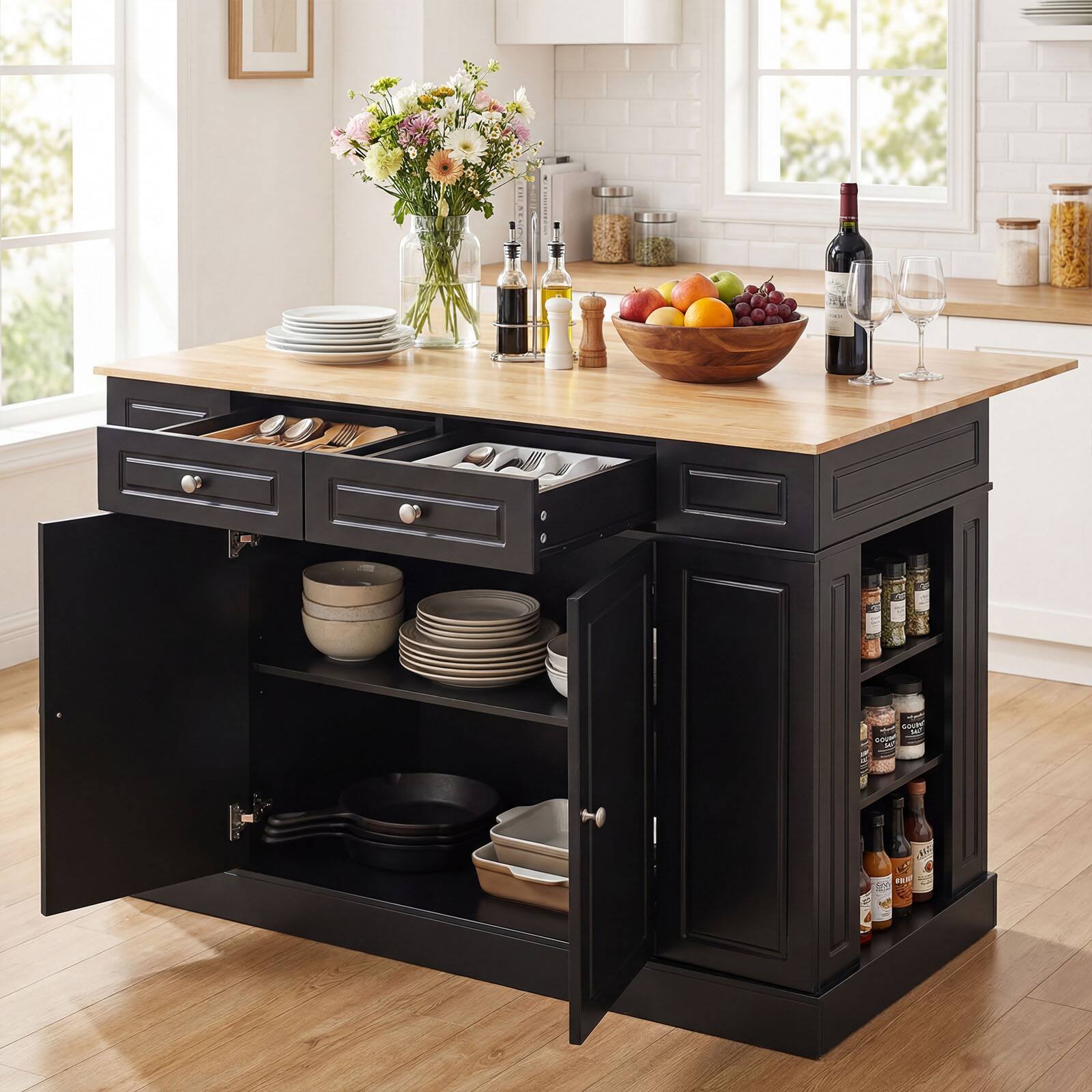 Alt View 1. Costway - Kitchen Island with Storage Drop Leaf Breakfast Bar Table with Top Freestanding Buffet Sideboard - Black + Natural.