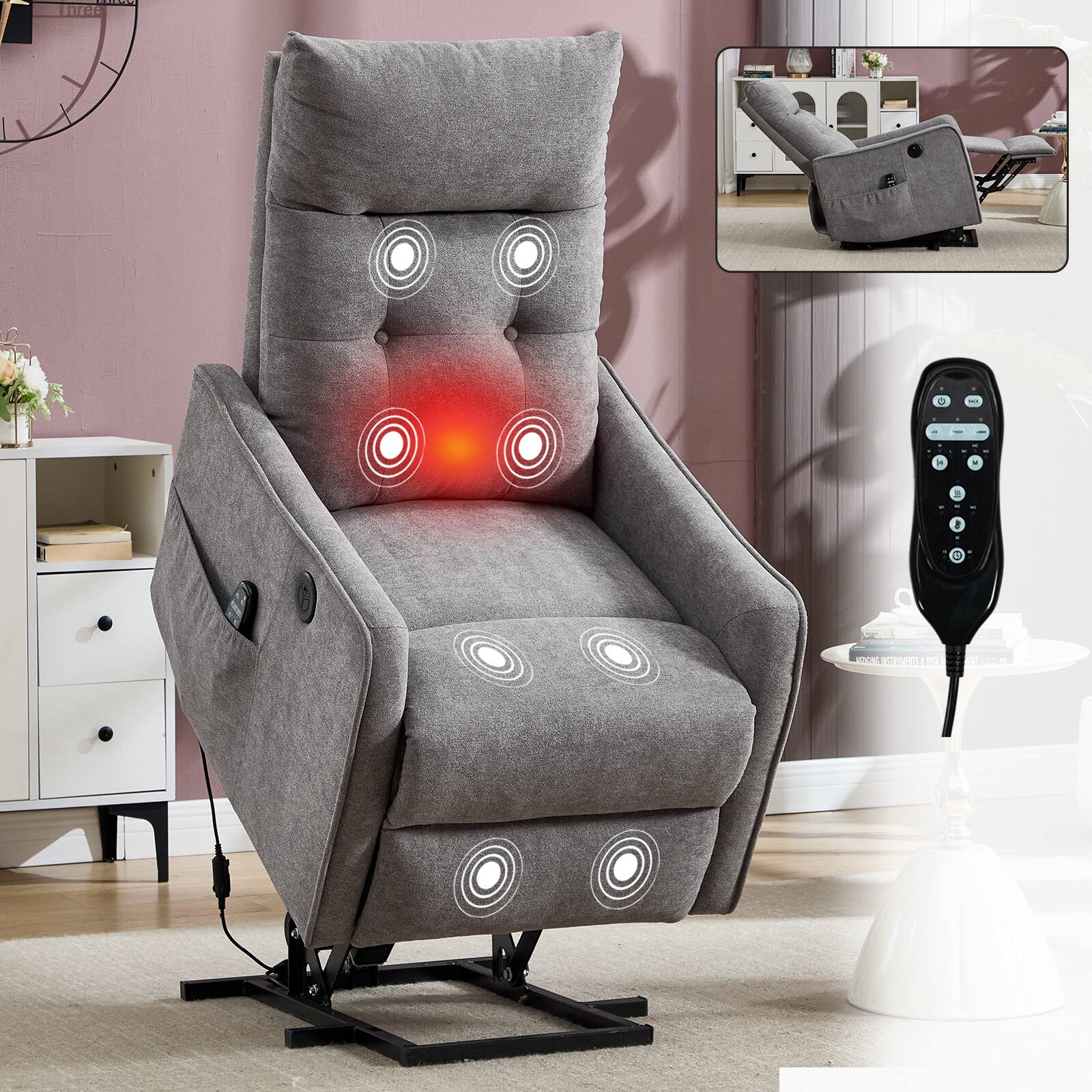 TinyHomie - Chenille Single Motor Power Lift Recliner Chair with Massage Heat Heavy Duty Motion Mechanism Max Reclining Angle 155° - Light Gray