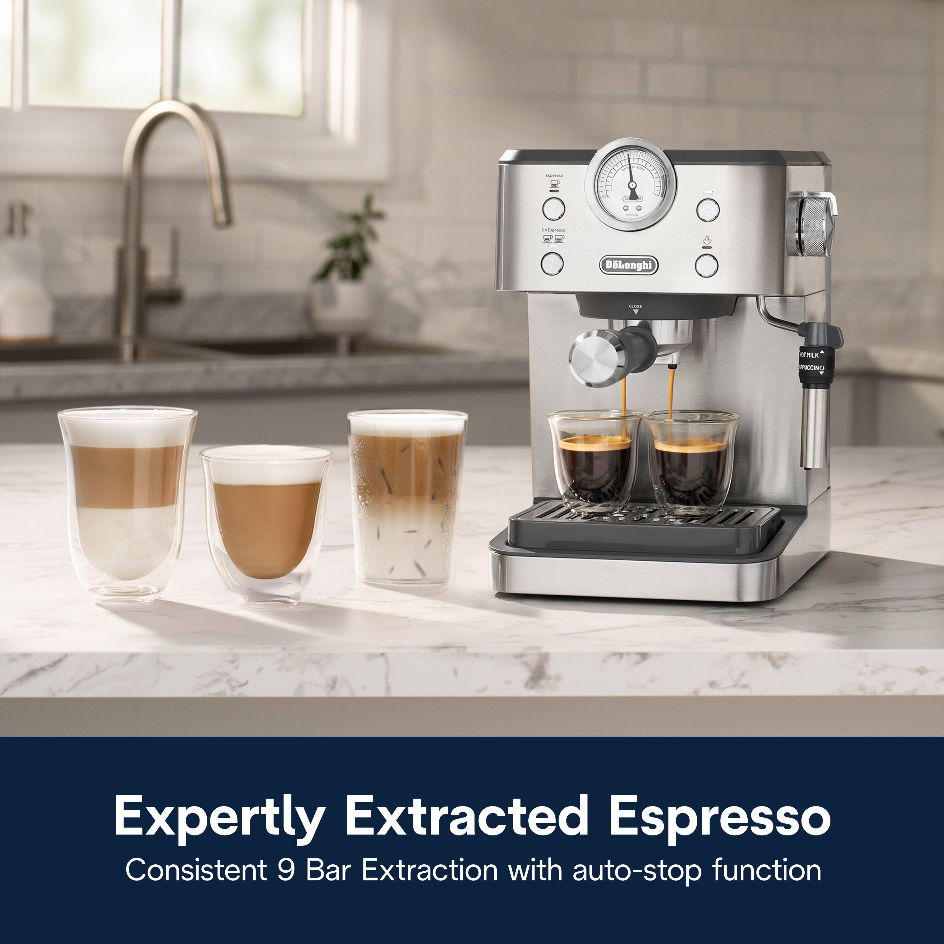 The text on the image reads: "Expertly Extracted Espresso Consistent 9 Bar Extraction with auto-stop function."