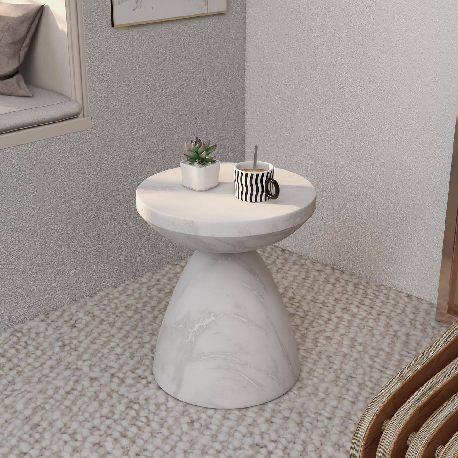 Left. LeisureMod - Dune 17" Round Fiberstone Side Table - Modern Indoor/Outdoor Weather Resistant Accent Table, No Assembly - Marble White.
