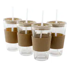 Mr. Coffee - Sip Savvy 4 Piece 15 Ounce Silicone Sleeve Glass Cup Set w/ Lid and Straw - Brown