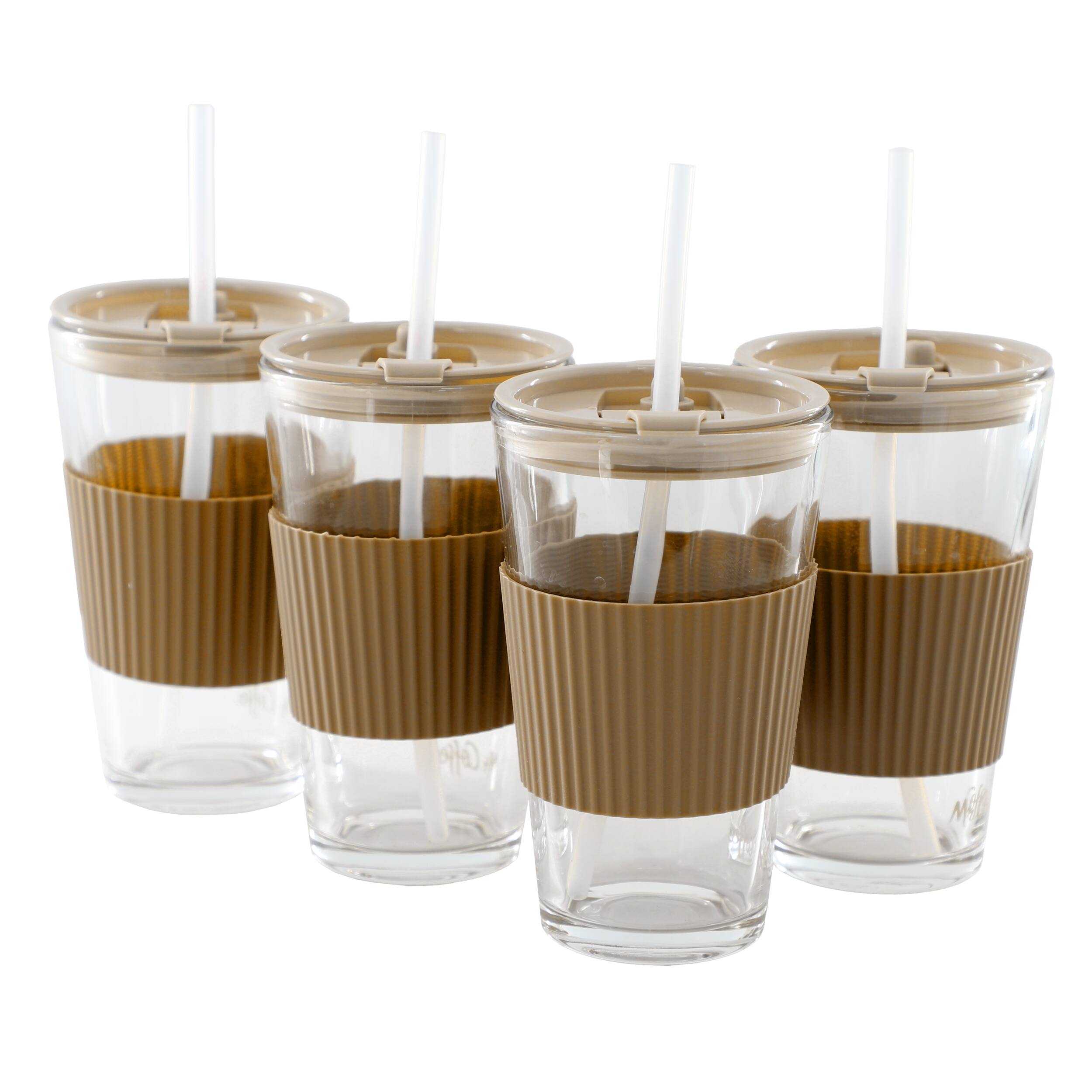 Front. Mr. Coffee - Mr. Coffee Sip Savvy 4 Piece 15 Ounce Silicone Sleeve Glass Cup Set w/ Lid and Straw in Brown - Brown.