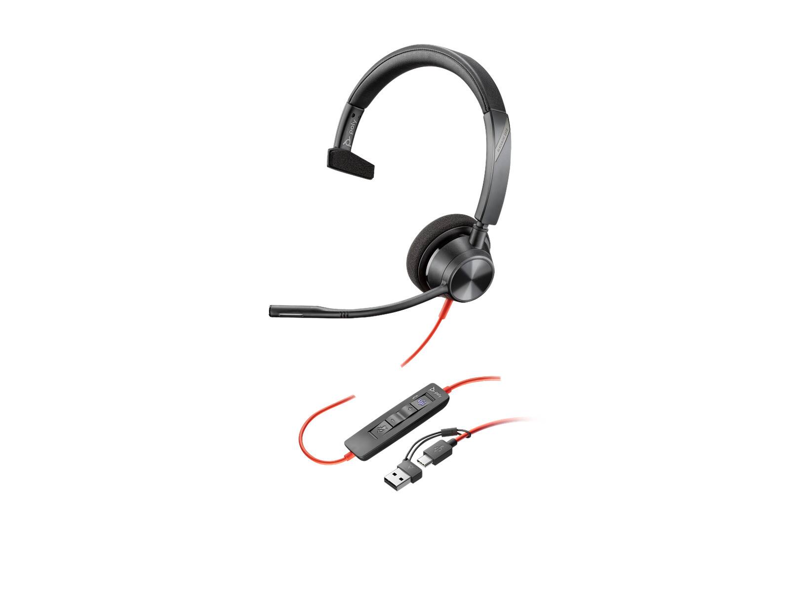 Angle. Poly - Poly Blackwire 3310 USB-C Headset - Teams Certified, Mono, 3.5mm, Wired - Black.