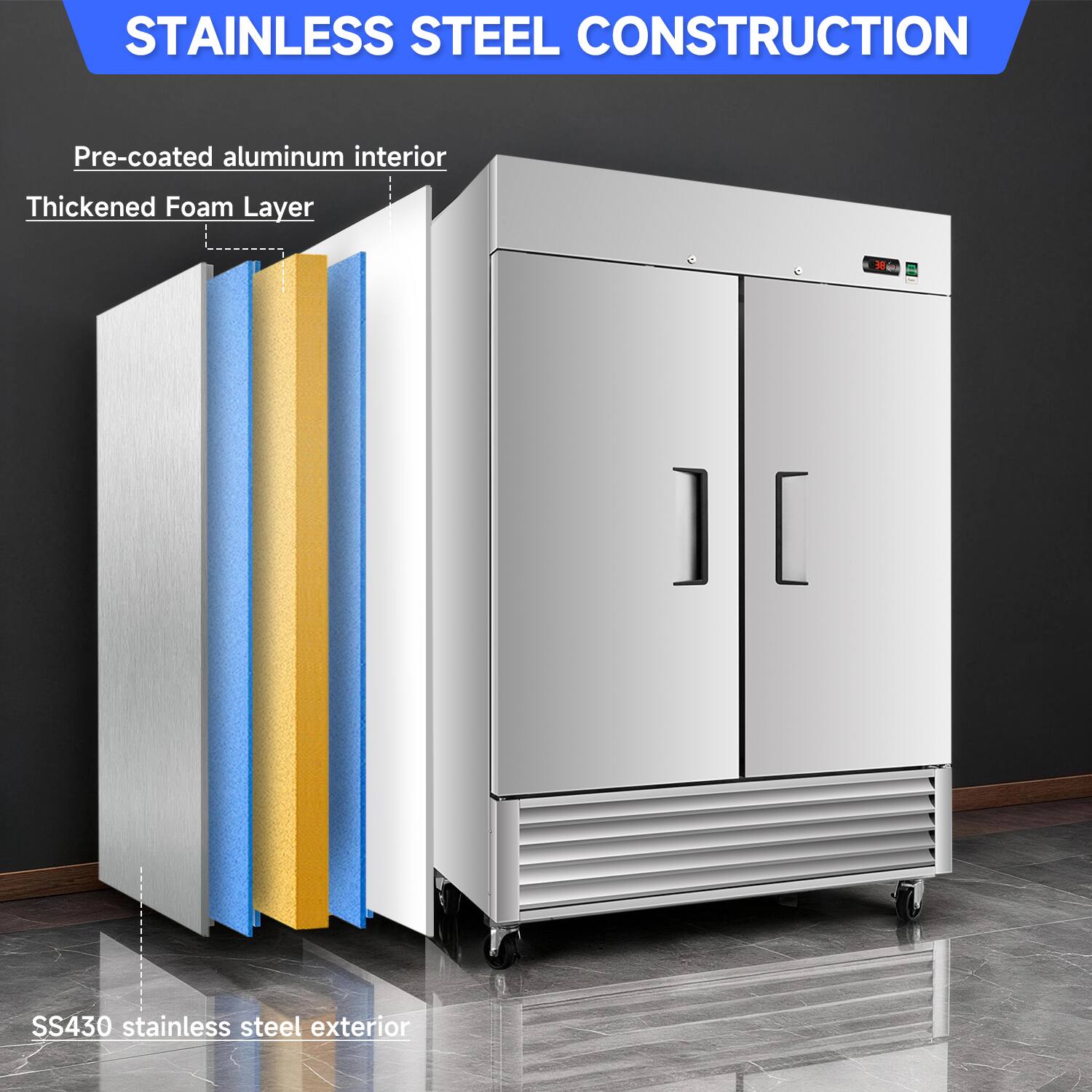 STAINLESS STEEL CONSTRUCTION

- Pre-coated aluminum interior
- Thickened Foam Layer
- SS430 stainless steel exterior
