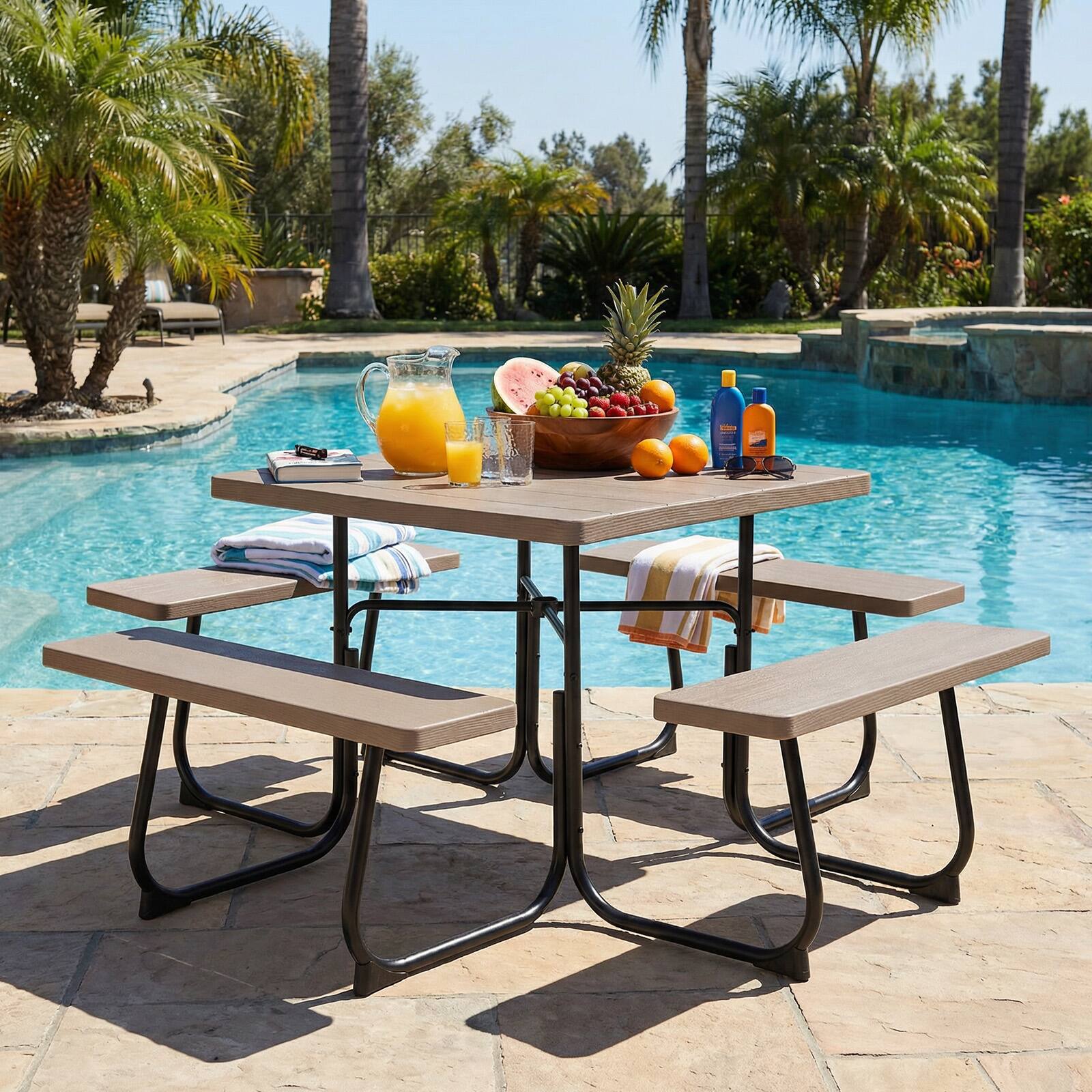 Alt View 4. Costway - Costway 8-person Square Picnic Table Bench Set with 4 Benches & Umbrella Hole for Garden - Brown.