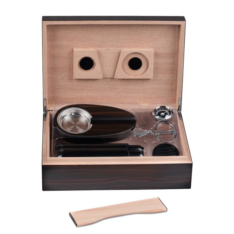 Angle. Prestige - Davenport Humidor Gift Set - Rich Ebony Wood Finish.