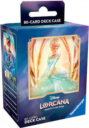 The text on the image reads: "80-CARD DECK CASE POUCARL ladh 1 A te Duaey T2 anal 70% A Sacesared ataite ne Tram I Zocsbir laarane a N Dram 6 unal 1007 pecini'ts zi i Lbetit. L Draey bui . h AL uney Lcroonn Disney LORCANA TRADING CARD GAME Ravensburger 80-CARD CASE DECK."