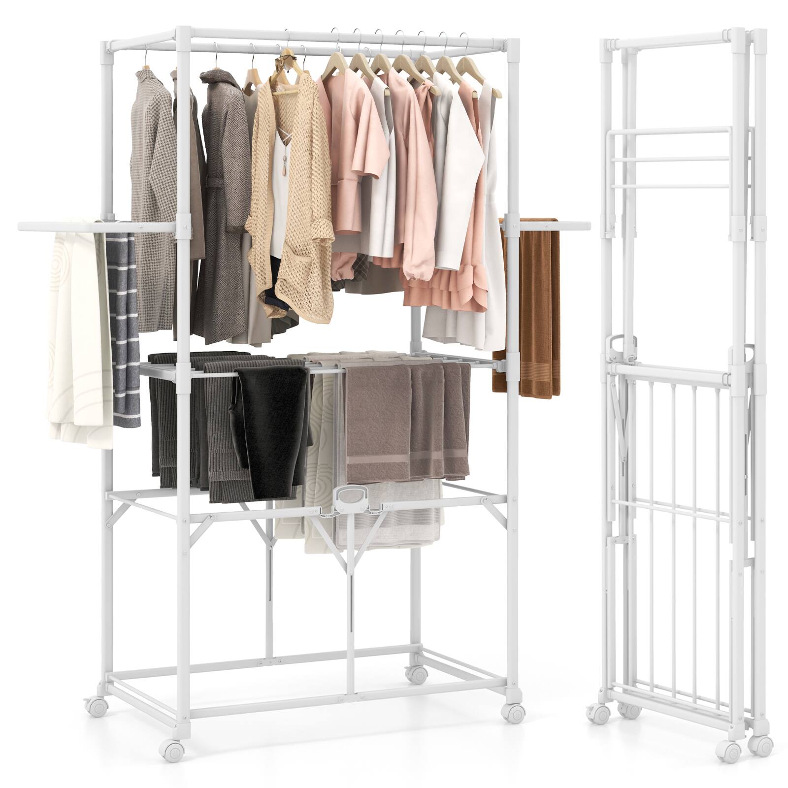 Costway - Foldable Clothes Drying Rack 68.5" Aluminum Laundry Rack with Hanging Rods & Drying Shelves Universal Wheels - White