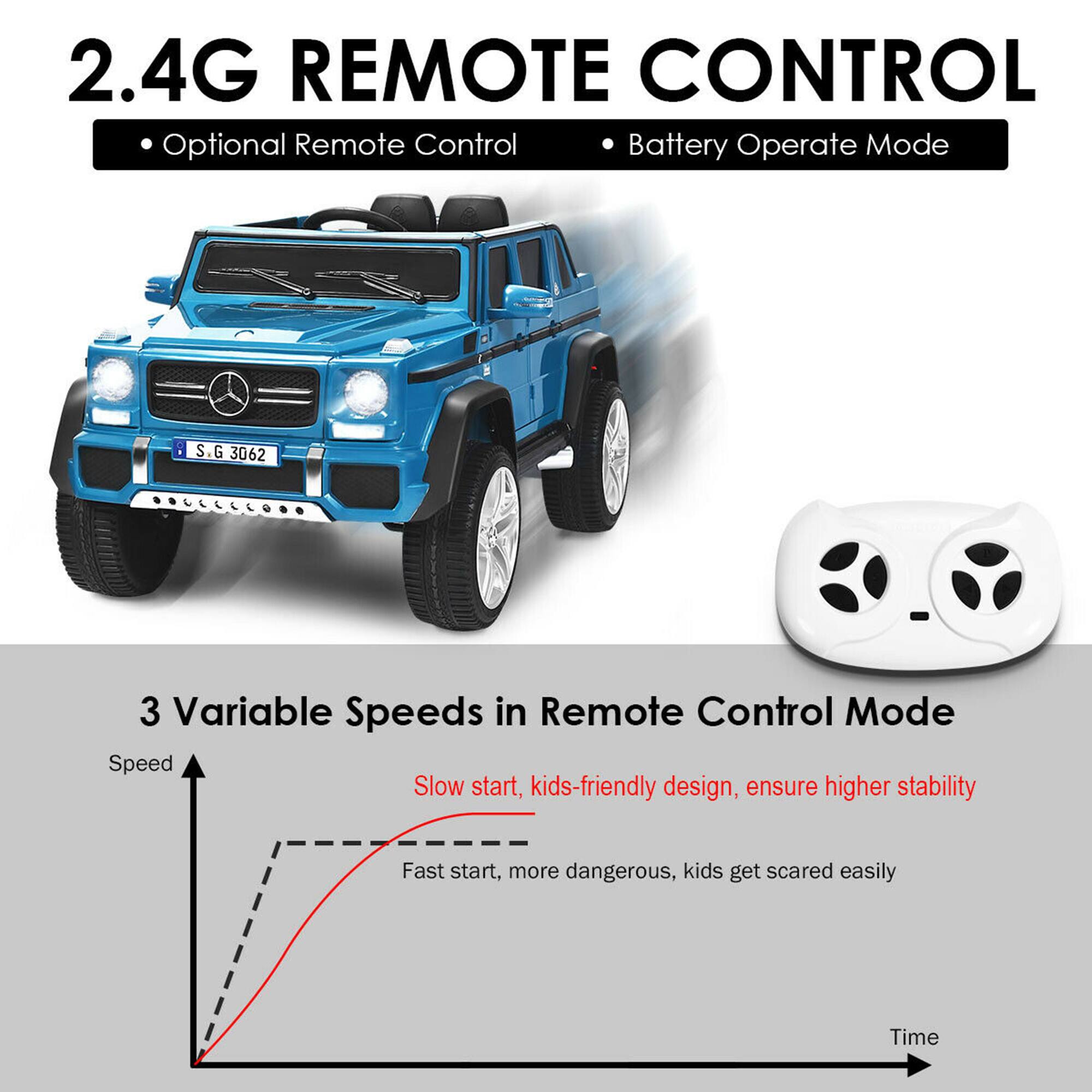2.4G REMOTE CONTROL  
- Optional Remote Control  
- Battery Operate Mode  

3 Variable Speeds in Remote Control Mode  
- Slow start, kids-friendly design, ensure higher stability  
- Fast start, more dangerous, kids get scared easily  

Speed  
Time