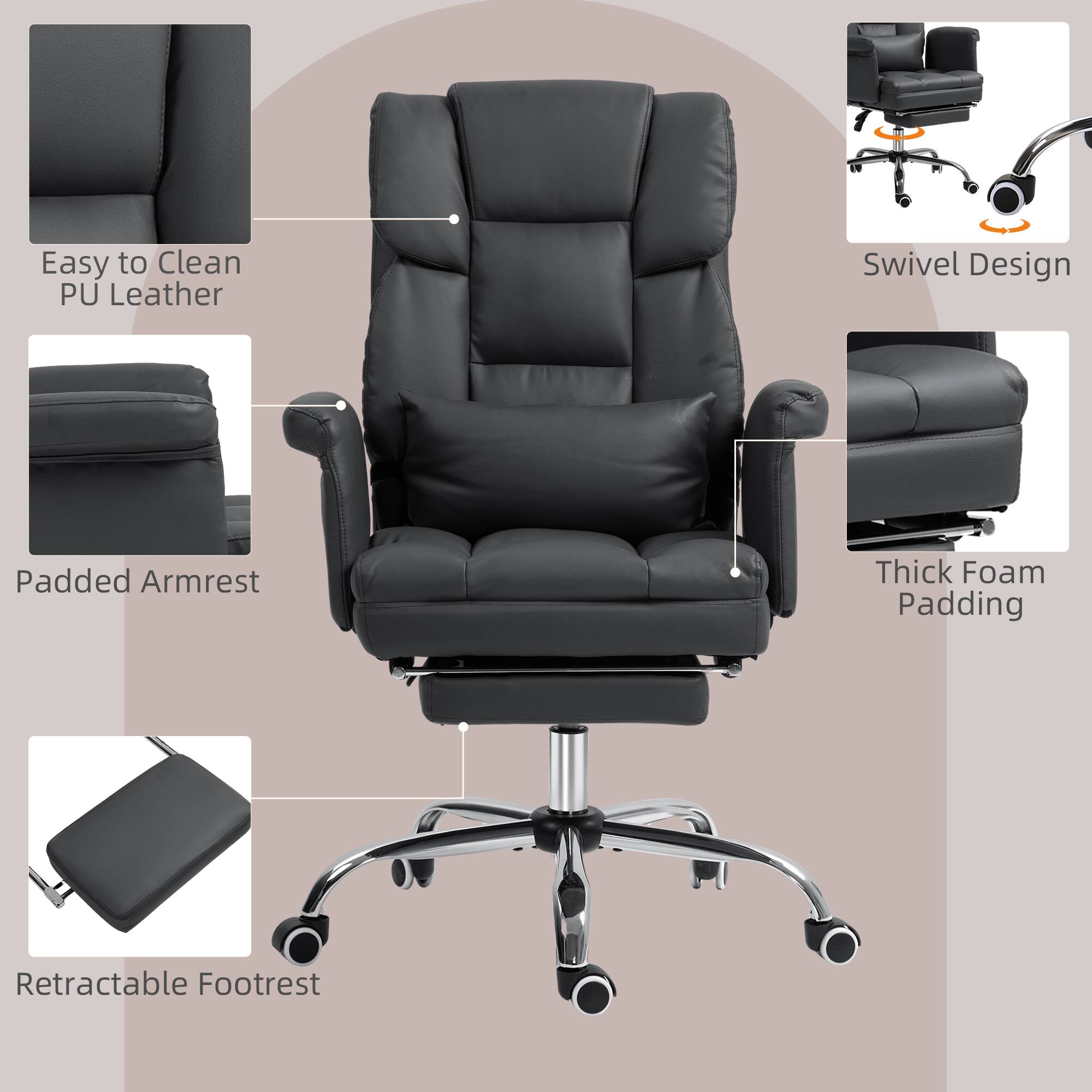Easy to Clean PU Leather, Swivel Design, Padded Armrest, Thick Foam Padding, Retractable Footrest