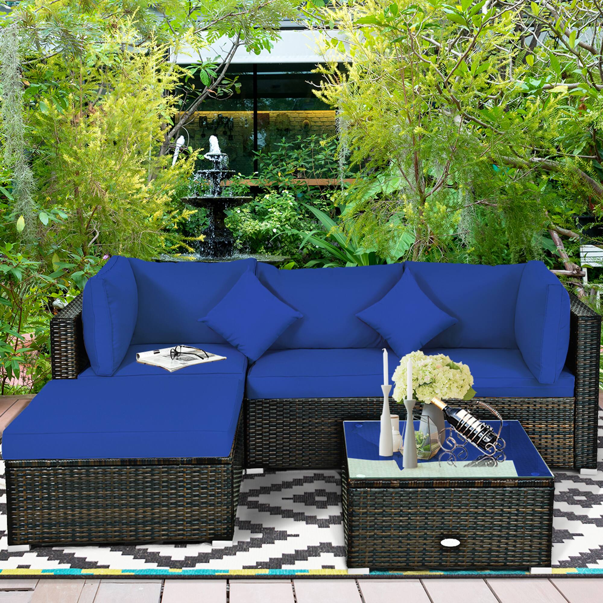 Alt View 2. Gymax - Gymax 5PC Rattan Patio Conversation Set Outdoor Furniture Set w/ Ottoman Cushion - Navy.