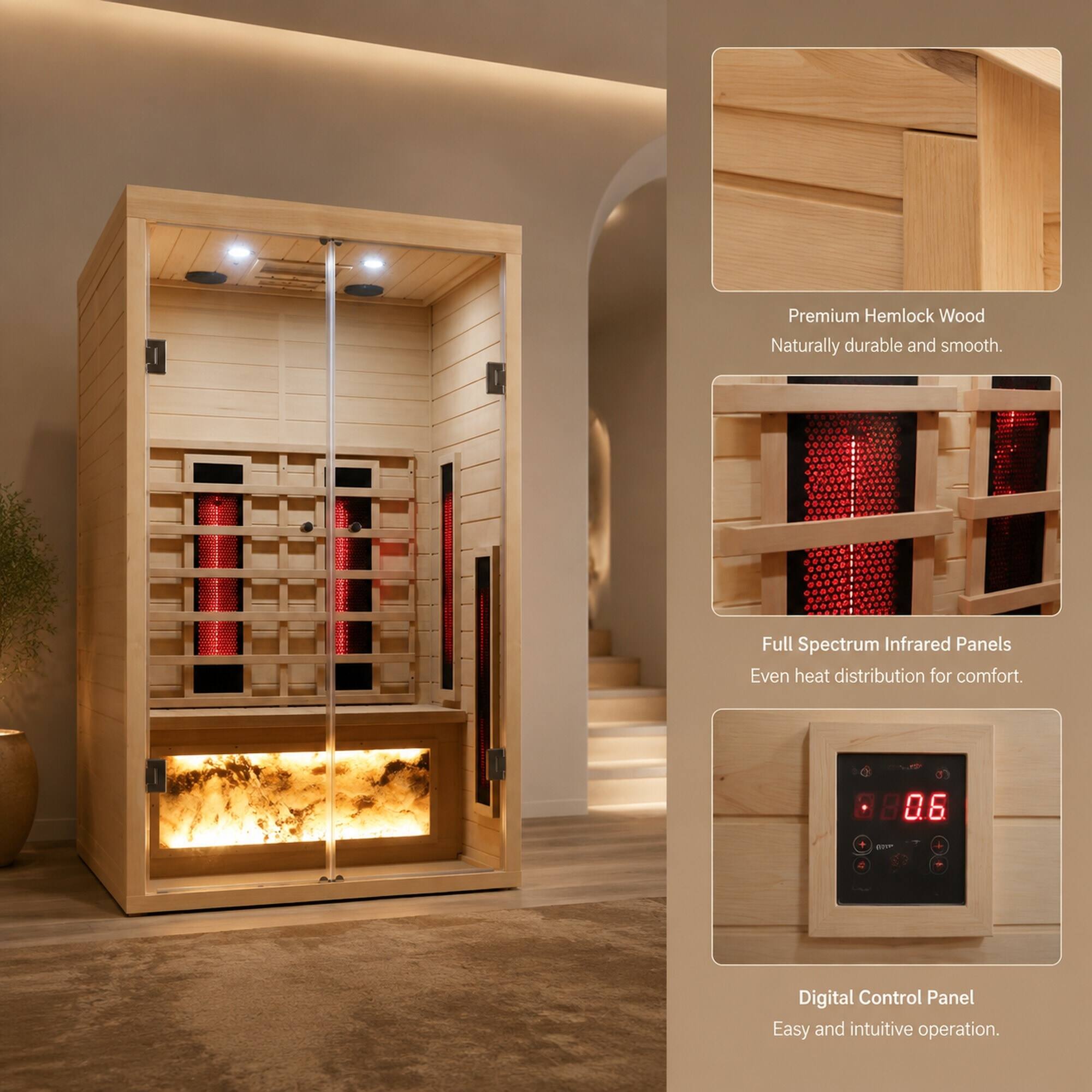 Premium Hemlock Wood: Naturally durable and smooth.

Full Spectrum Infrared Panels: Even heat distribution for comfort.

Digital Control Panel: Easy and intuitive operation.