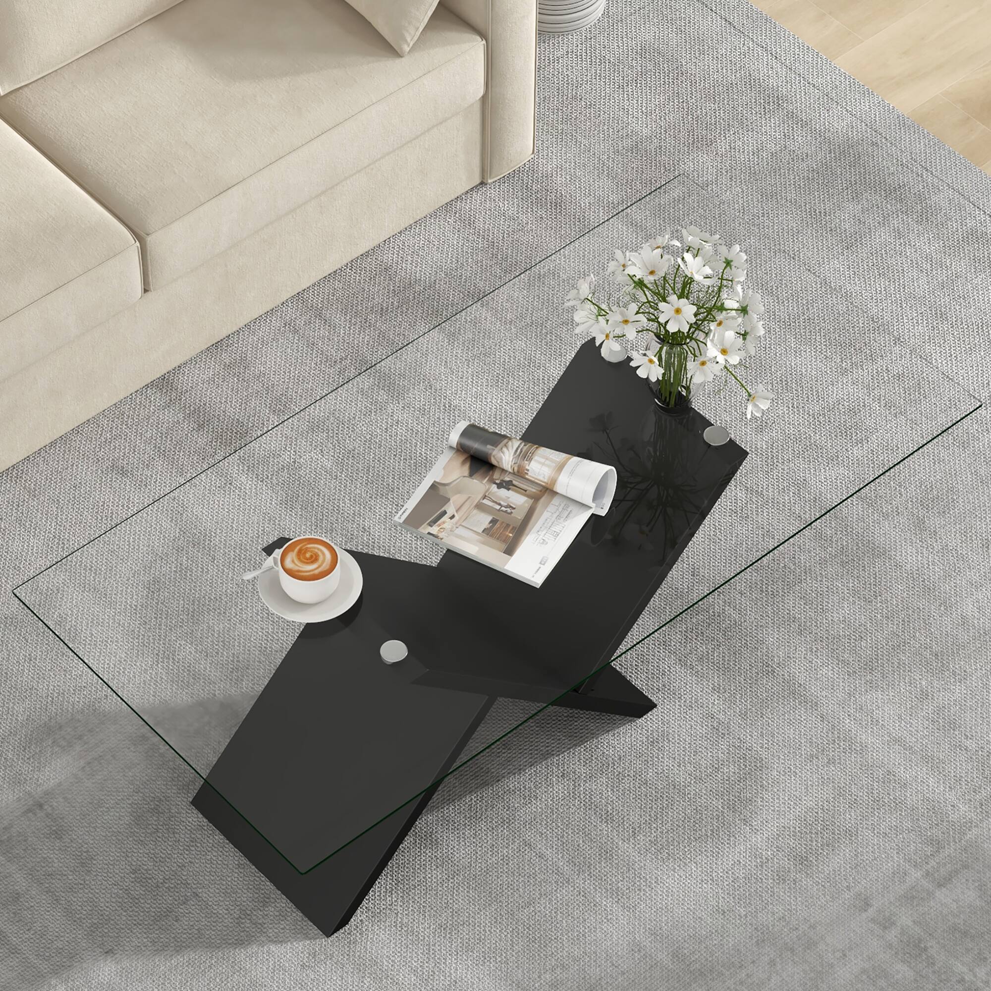 Gymax 47'' Rectangle Glass Coffee Table w/ Tempered Glass