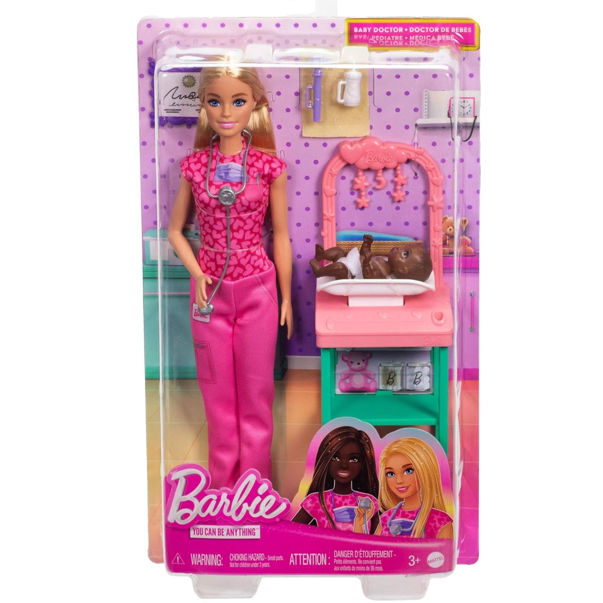 BABY DOCTOR  
DOCTOR DE BEBES  
PEDIAITRE  
MEDICA BEBES  

Barbie  
YOU CAN BE ANYTHING  

WARNING: CHOKING HAZARD - Small parts. Not for children under 3 years.  
ATTENTION: DANGER DE COUVENTMENT - Poussettes, les petits morceaux de 36 mm.  
3+  

DANGER DE COUVENTMENT - Poussettes, les petits morceaux de 36 mm.  
ATTENTION: DANGER DE COUVENTMENT - Poussettes, les petits morceaux de 36 mm.