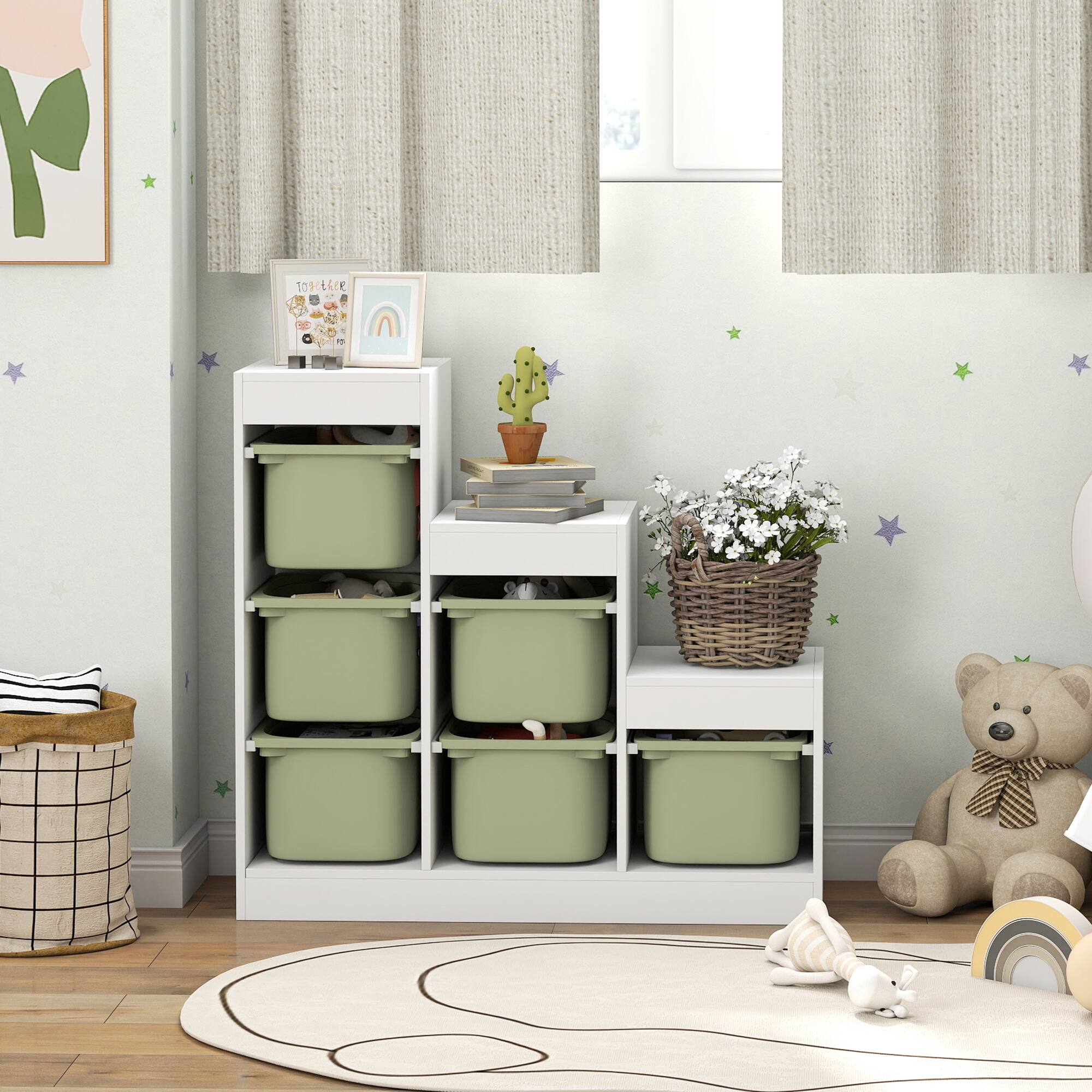 Alt View 7. Qaba - Layers Kids Toy Storage Organizer with 6 Storage Bins, Kids Bookshelf for Ages 3-8 Years, Play Room - Green.