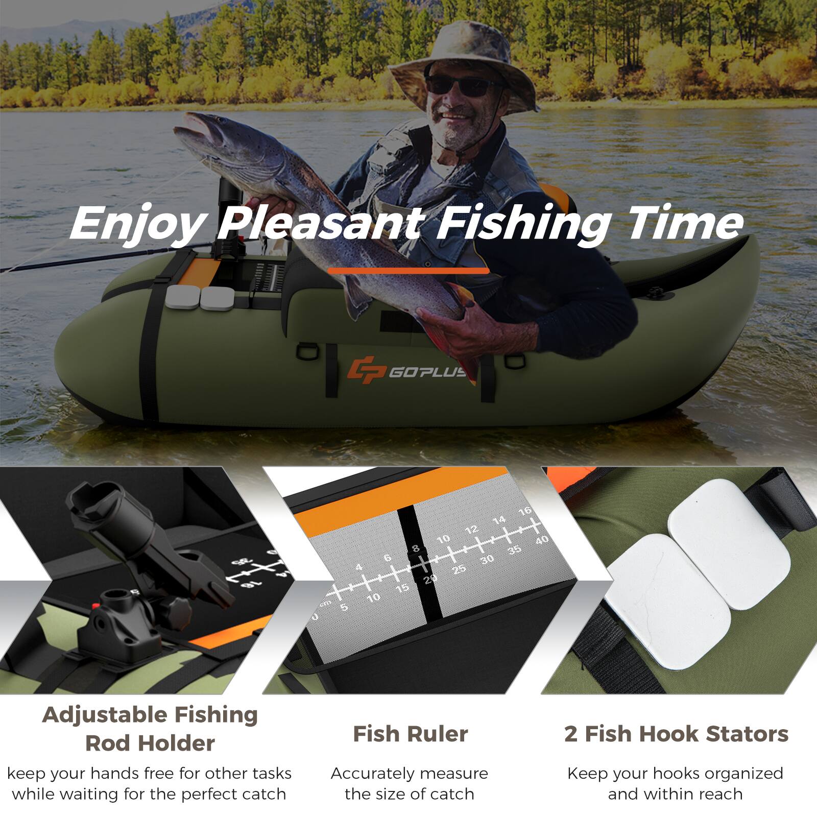 Enjoy Pleasant Fishing Time

GOPLUS

Adjustable Fishing Rod Holder
Keep your hands free for other tasks while waiting for the perfect catch

Fish Ruler
Accurately measure the size of catch

2 Fish Hook Stators
Keep your hooks organized and within reach