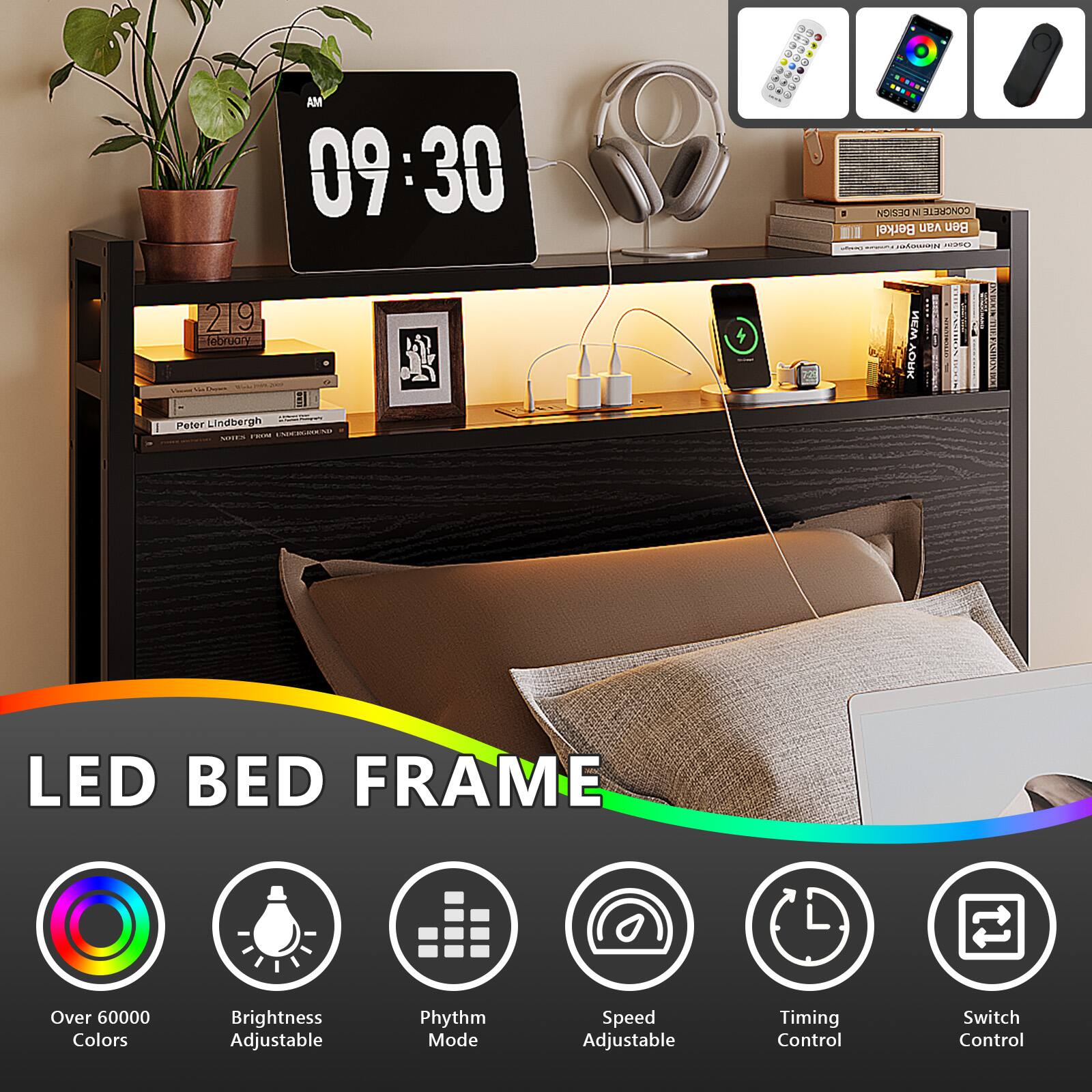 a AM 09:30  
- NOSION 4 CONCRETE  
Berkel van Ben Aome AU2 219 feoruus WIH HHOA  
I PelerLindberge Peter S i NERSAN  
LED BED FRAME  
Over 60000 Colors  
Brightness Adjustable  
Phythm Mode  
Speed Adjustable  
Timing Control  
Switch Control