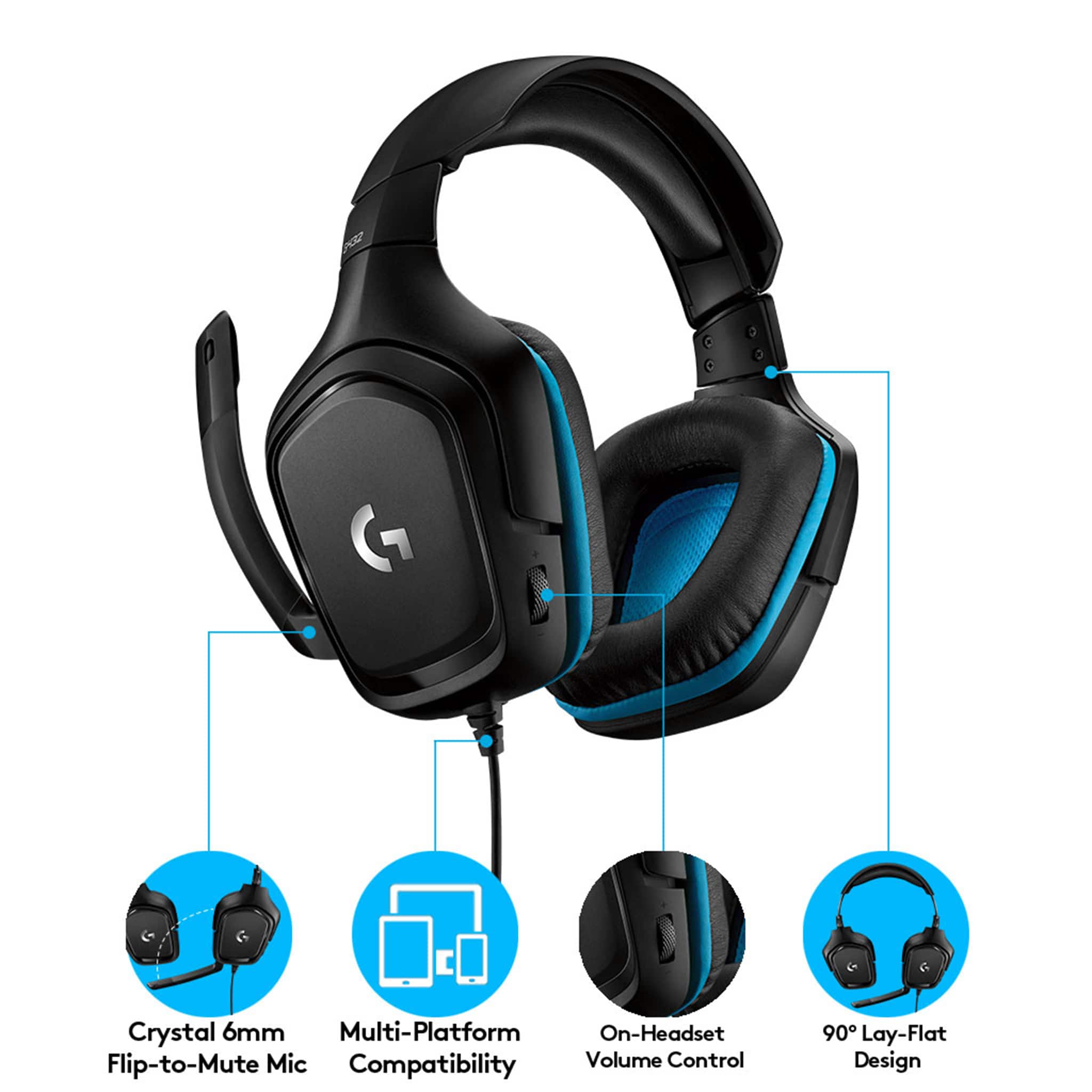 The image shows a black and blue headset with a flip-to-mute mic and a volume control. The headset is designed for multi-platform use and has a 6mm crystal clear sound quality. The headset is also compatible with a 90 lay-flat design, making it comfortable to wear for extended periods.