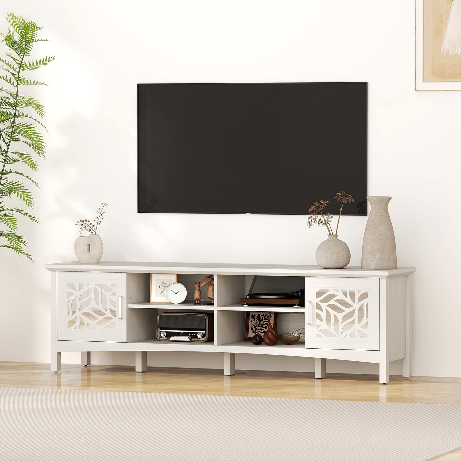 Bestier - Modern TV Stand for TVs up to 75”, Mirror Design, Adjustable Shelf, Cable Management & Hidden Legs - White