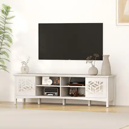 Front. Bestier - Modern TV Stand for TVs up to 75”, Mirror Design, Adjustable Shelf, Cable Management & Hidden Legs - white.