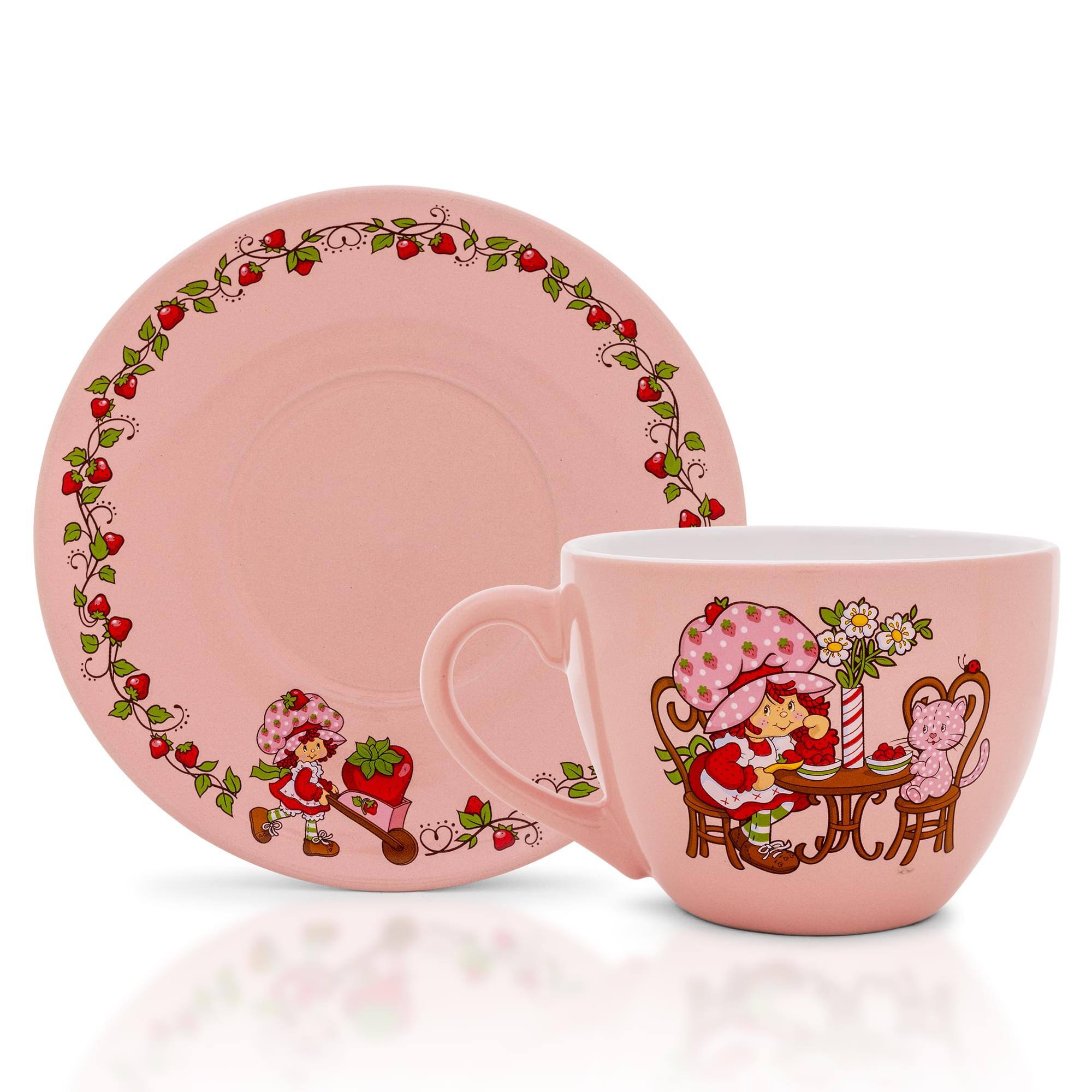 Front. Silver Buffalo - Strawberry Shortcake Tea Party Ceramic Teacup and Saucer Set | Holds 22 Ounces - Pink.
