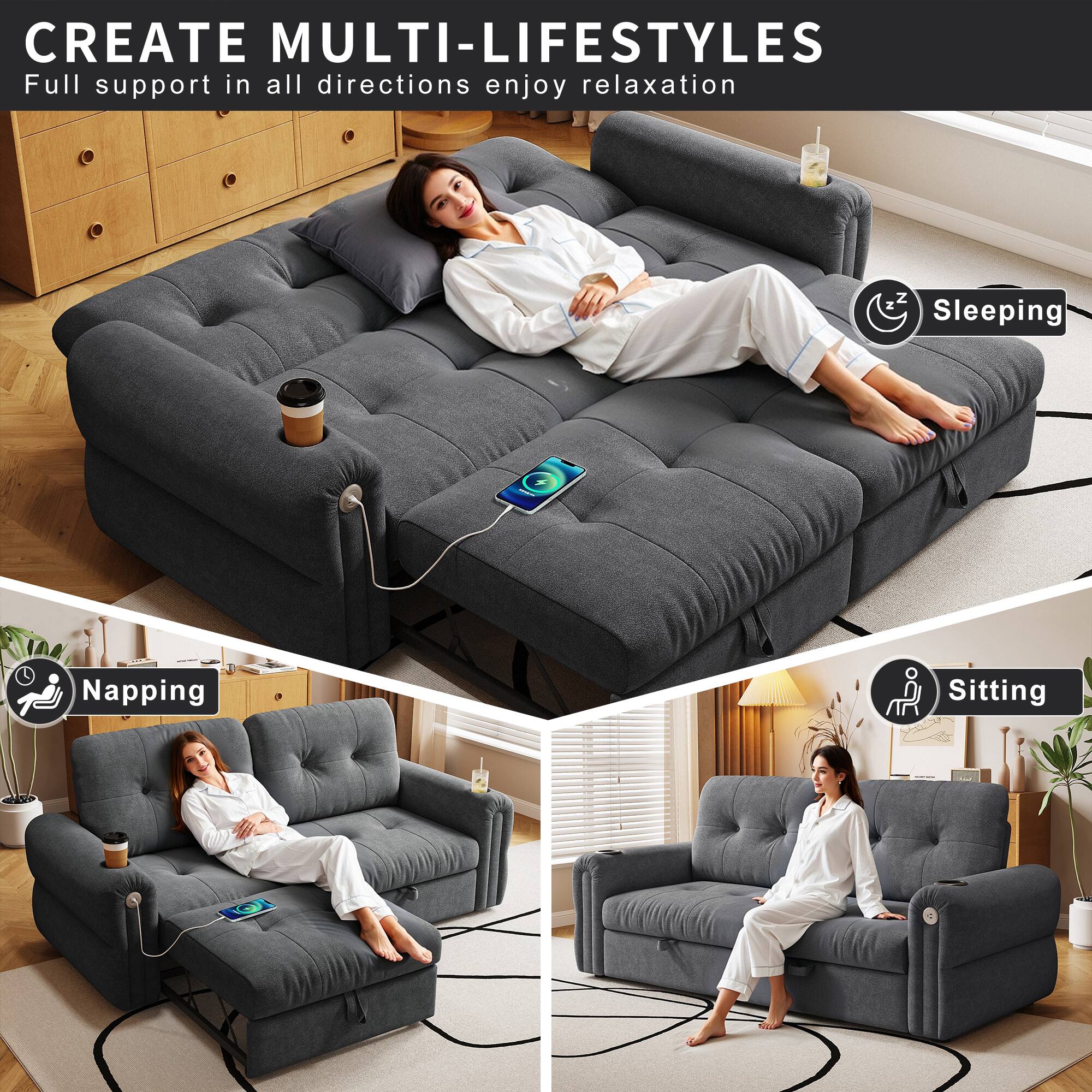 CREATE MULTI-LIFESTYLES  
Full support in all directions enjoy relaxation  

Z Sleeping  
Napping  
Sitting