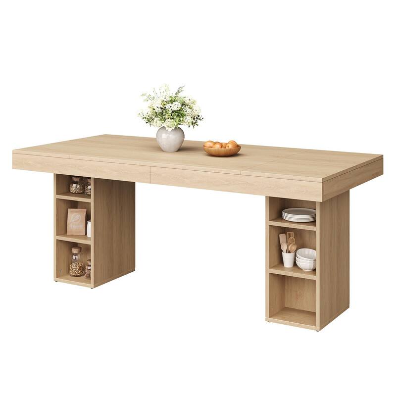 Front. Babevy - Wood Farmhouse Dining Table for 6-8, Long Kitchen Table with Built-In Storage Cubes for Dining Room Living Room - Yellow.