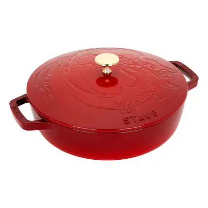 Front. Staub - Staub Cast Iron 2.5-qt Braiser with Dragon Lid - Cherry - Cherry.