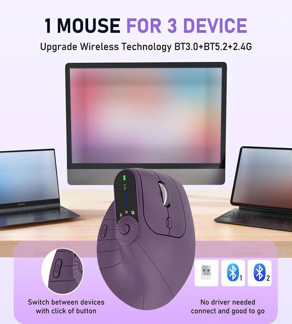 1 MOUSE FOR 3 DEVICE  
Upgrade Wireless Technology BT3.0+BT5.2+2.4G  

Switch between devices with click of button  
No driver needed connect and good to go