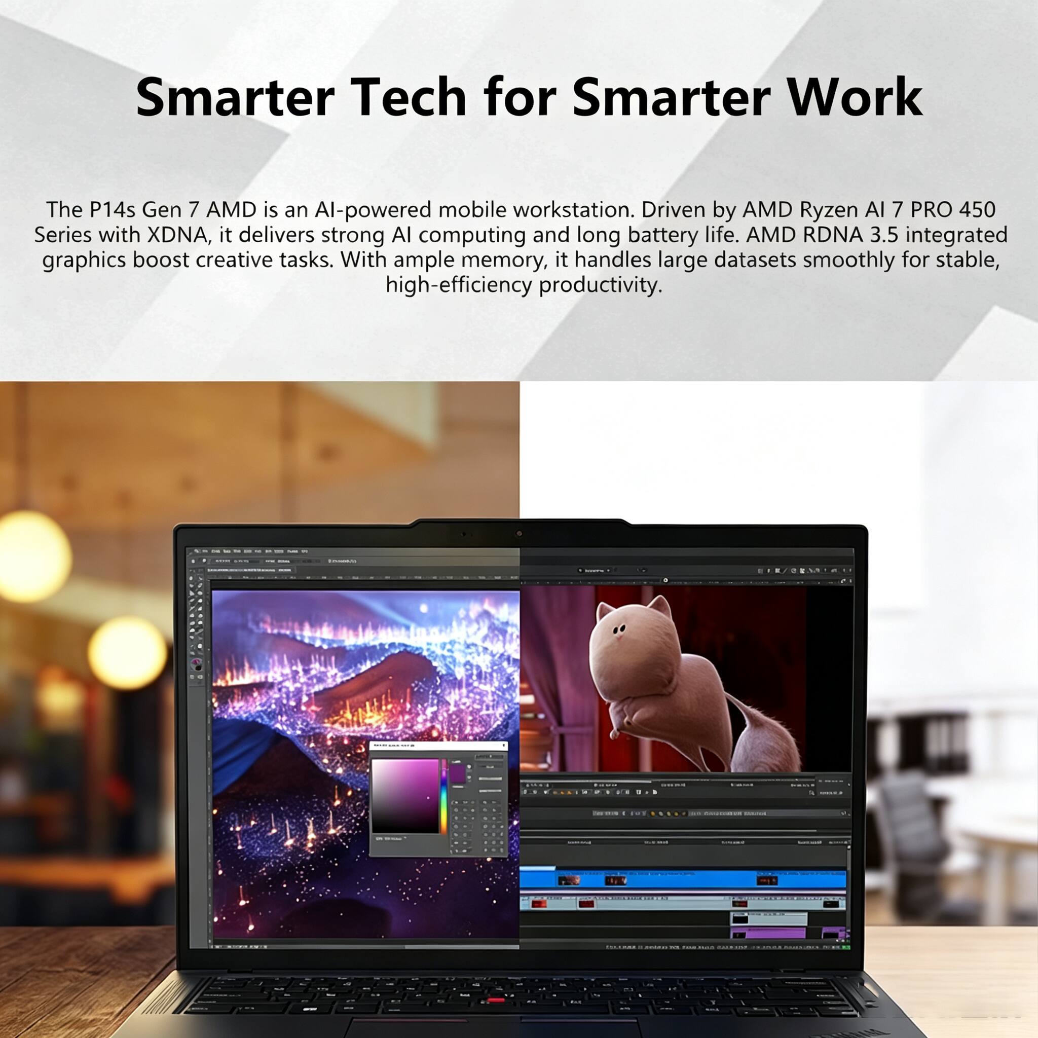 Smarter Tech for Smarter Work

The P14s Gen 7 AMD is an AI-powered mobile workstation. Driven by AMD Ryzen AI 7 PRO 450 Series with XDNA, it delivers strong AI computing and long battery life. AMD RDNA 3.5 integrated graphics boost creative tasks. With ample memory, it handles large datasets smoothly for stable, high-efficiency productivity.

100

UNNAL

100

THE ... 30

BIST ELE MEDIET

ESCHOLE 4 MOME - - ORGANIC 100.00 LEGGE

1

OF

KNOT

CA

15 MICK