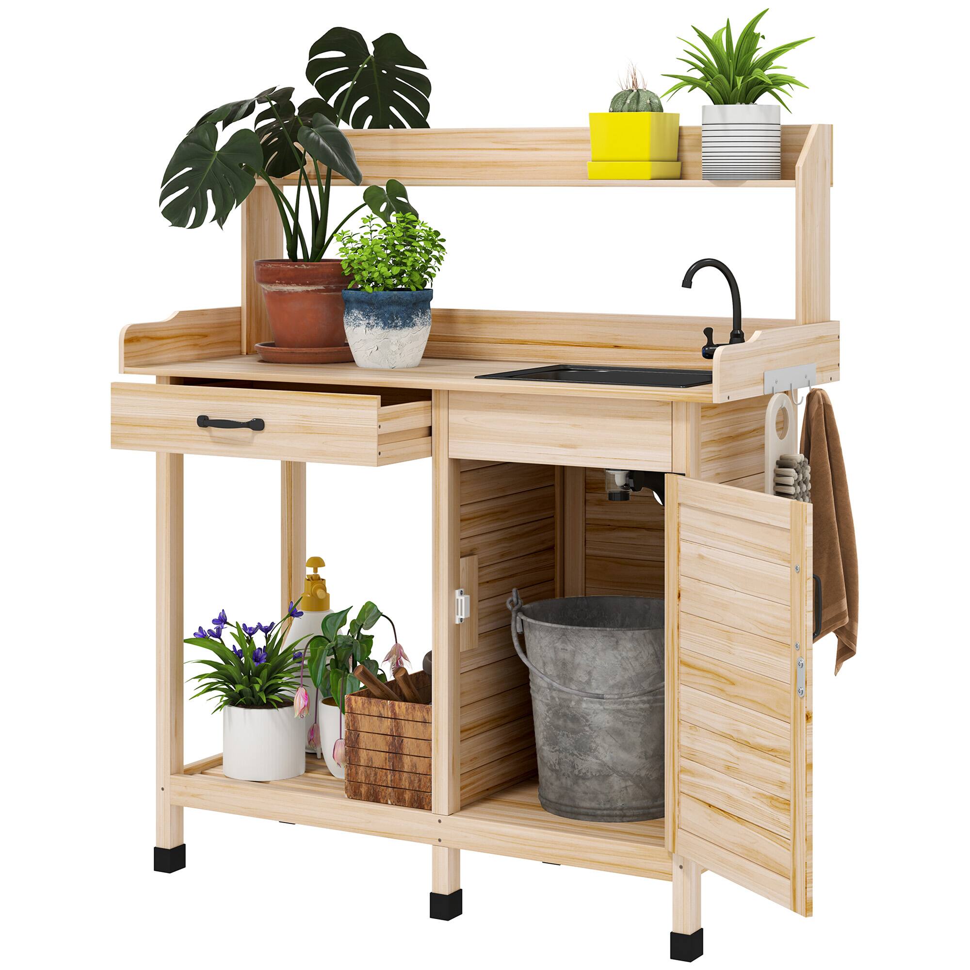 Front. Outsunny - Potting Bench Table with Sink, Outdoor Work Bench Table with Storage Cabinet, Hooks, Removable Sink - Natural Wood.