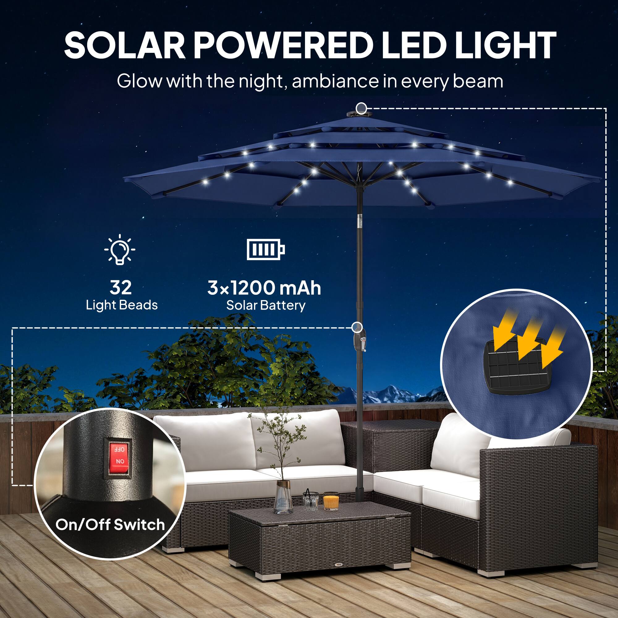 SOLAR POWERED LED LIGHT  
Glow with the night, ambiance in every beam  

- 32 Light Beads  
- 3x 1200 mAh Solar Battery  
- On/Off Switch