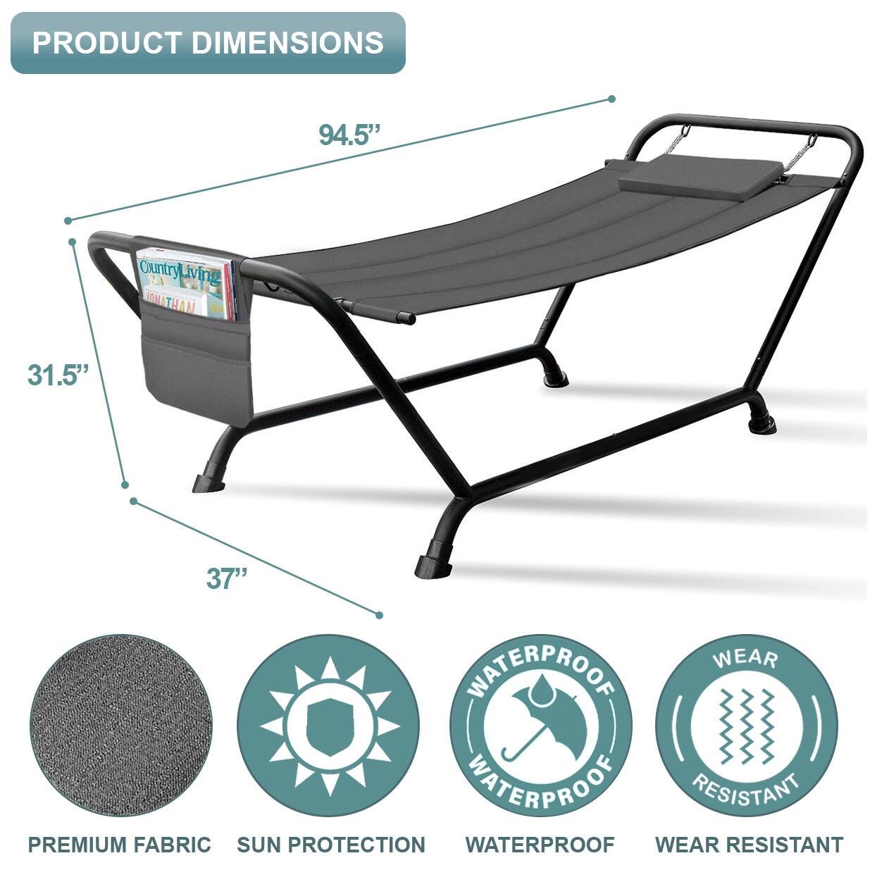 PRODUCT DIMENSIONS  
94.5"  
31.5"  
37"  

PREMIUM FABRIC  
SUN PROTECTION  
WATERPROOF  
WEAR RESISTANT