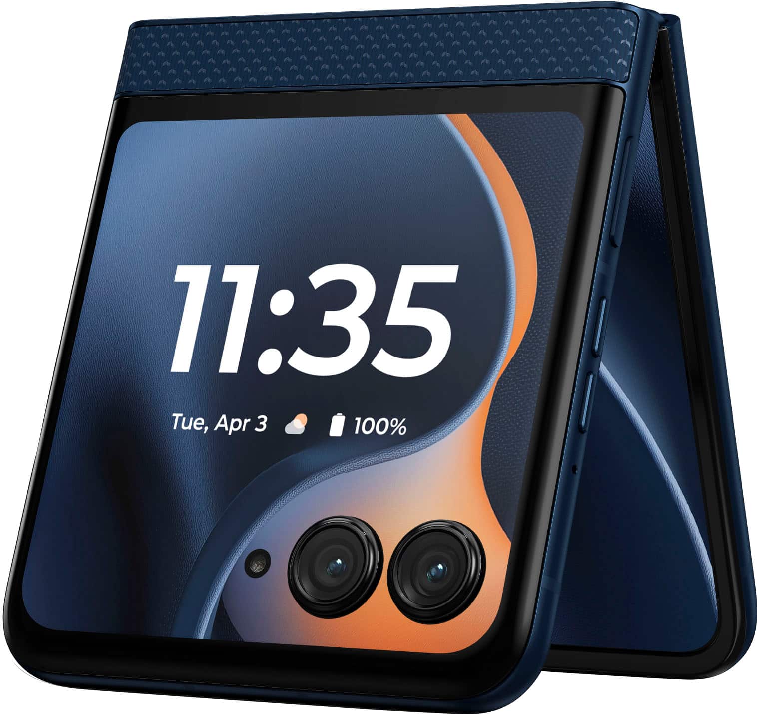 The image shows a blue device with a screen displaying the time of 11:35. The device is turned on and is showing the time, which is Tuesday, April 3rd. The device is also displaying the percentage of battery life, which is 100%.
