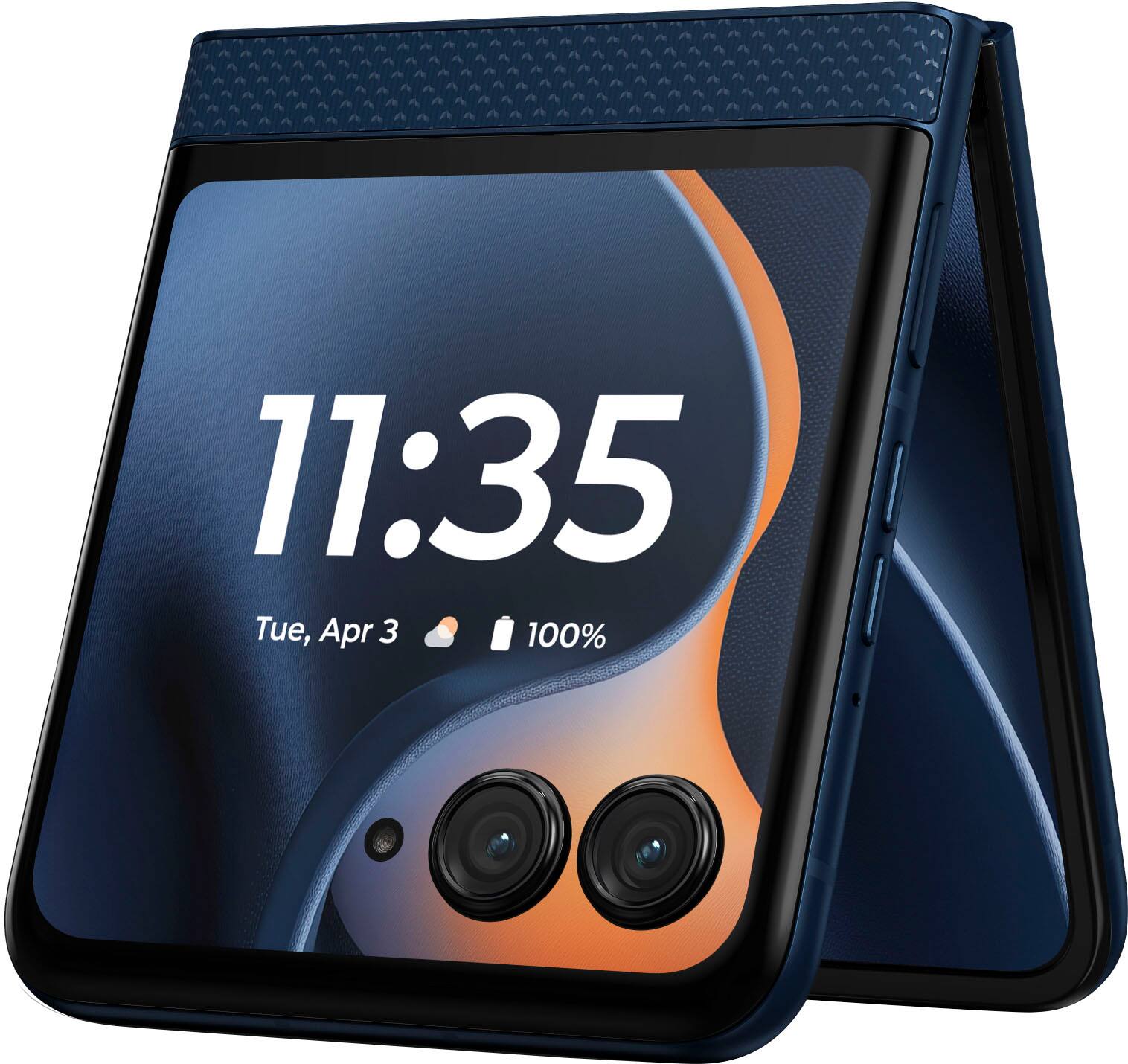 The image shows a blue device with a screen displaying the time of 11:35. The device is turned on and is showing the time, which is Tuesday, April 3rd. The device is also displaying the percentage of battery life, which is 100%.