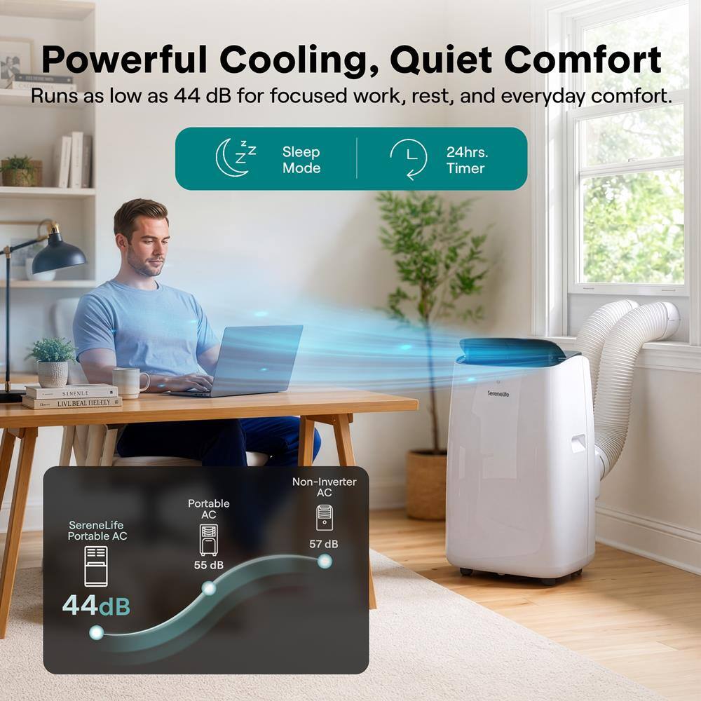 Powerful Cooling, Quiet Comfort  
Runs as low as 44 dB for focused work, rest, and everyday comfort.  
Sleep Mode  
24hrs. Timer  

SereneLife Portable AC  
Non-Inverter AC  
57 dB  
55 dB  
44 dB