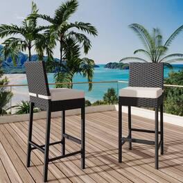 Jojoka - Wicker Woven Outdoor Bar Stools Set of 2, Rattan Patio Height Bar Chairs Armless w/Soft Seat Cushion - Beige