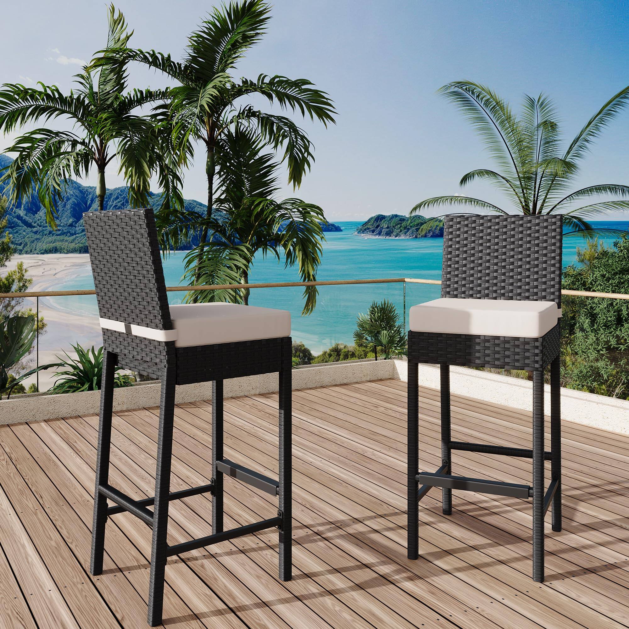 Front. Jojoka - Wicker Woven Outdoor Bar Stools Set of 2, Rattan Patio Height Bar Chairs Armless w/Soft Seat Cushion - Beige.