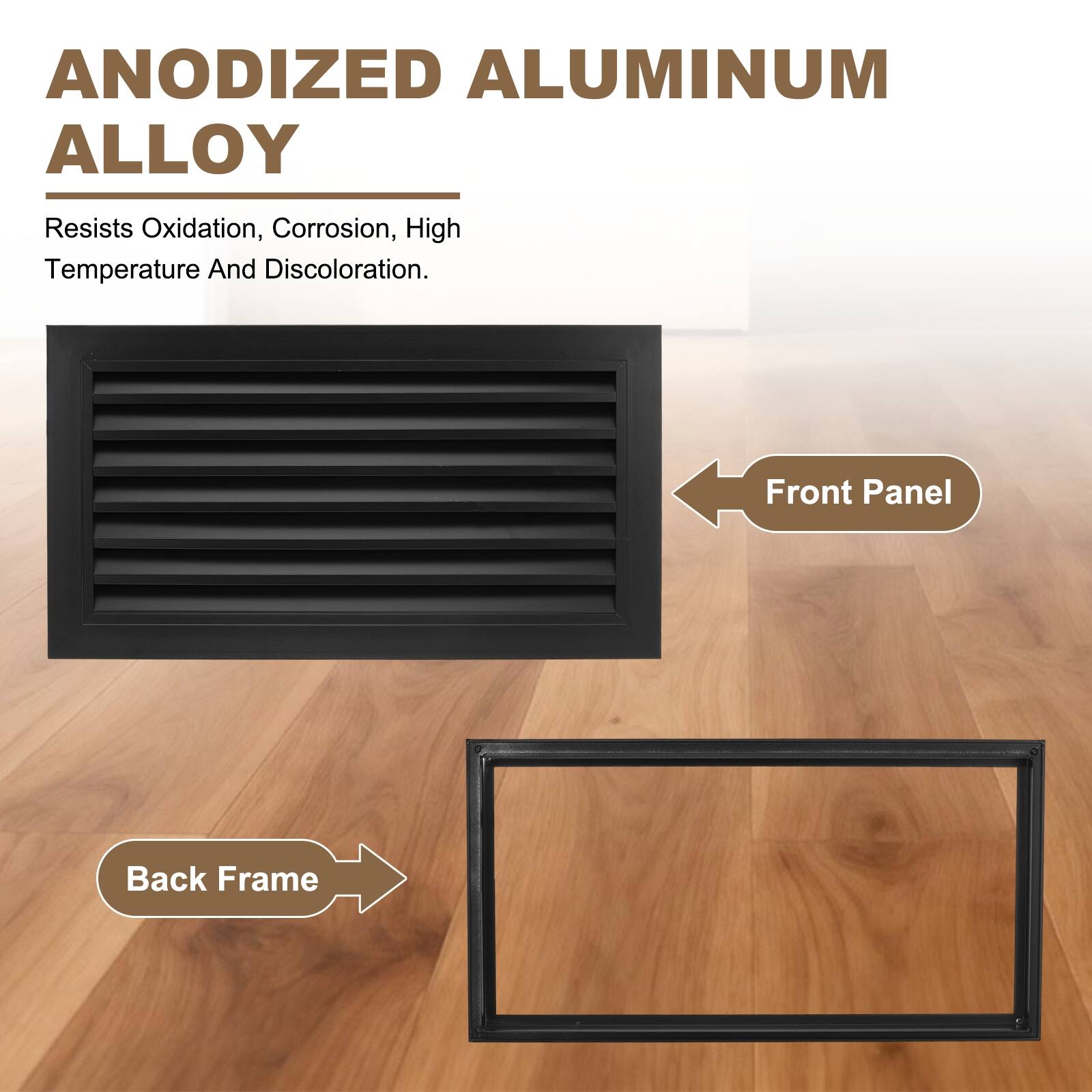ANODIZED ALUMINUM ALLOY  
Resists Oxidation, Corrosion, High Temperature And Discoloration.  

Front Panel  
Back Frame