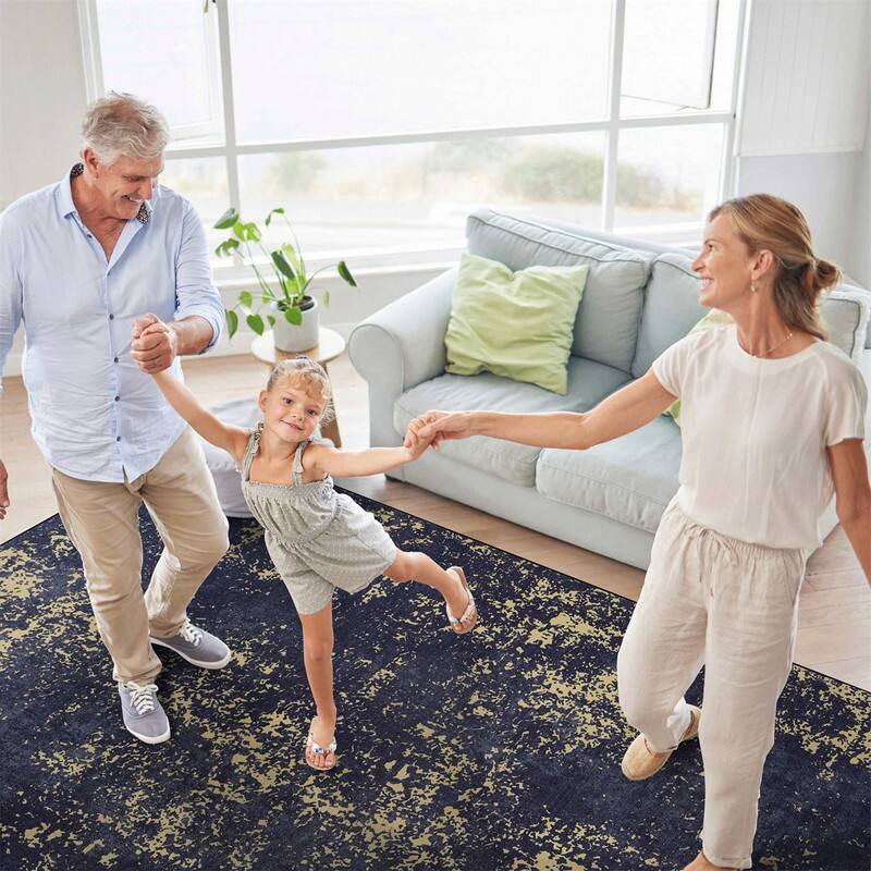 Alt View 1. HTUTWOO - Washable Rug 8x10 - Chenille Low Pile, Machine Washable, Non-Slip TPR Backing, Stain Resistant, Living Room Bedroom - Black Gold.