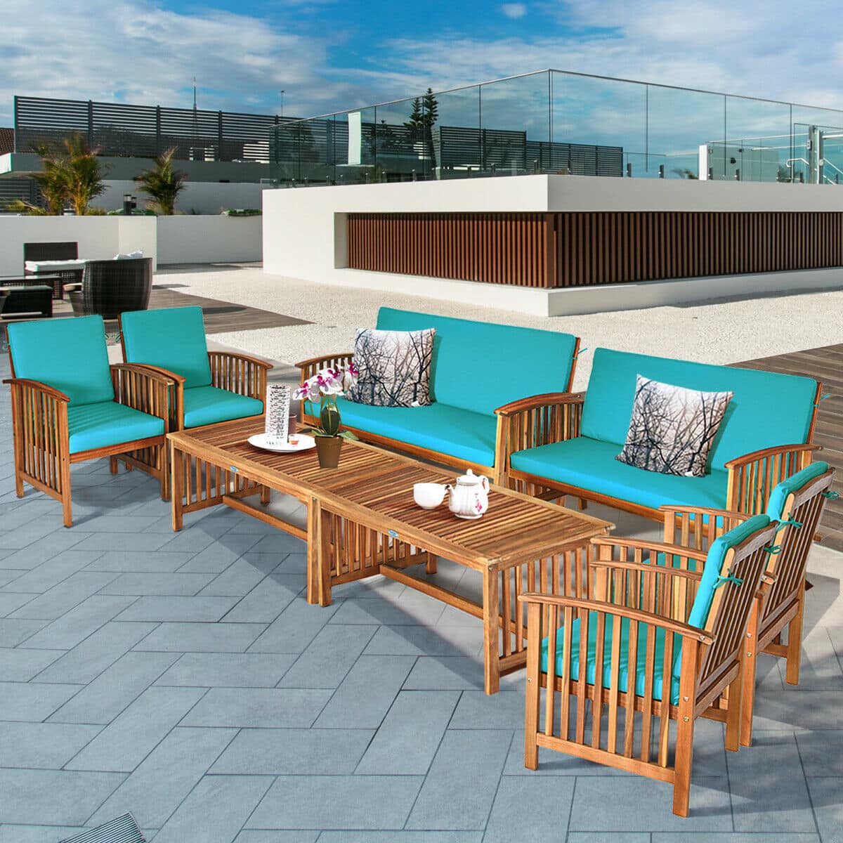 Gymax - 8PCS Wooden Patio Conversation Set Outdoor Furniture Set w/ Cushions - Turquoise