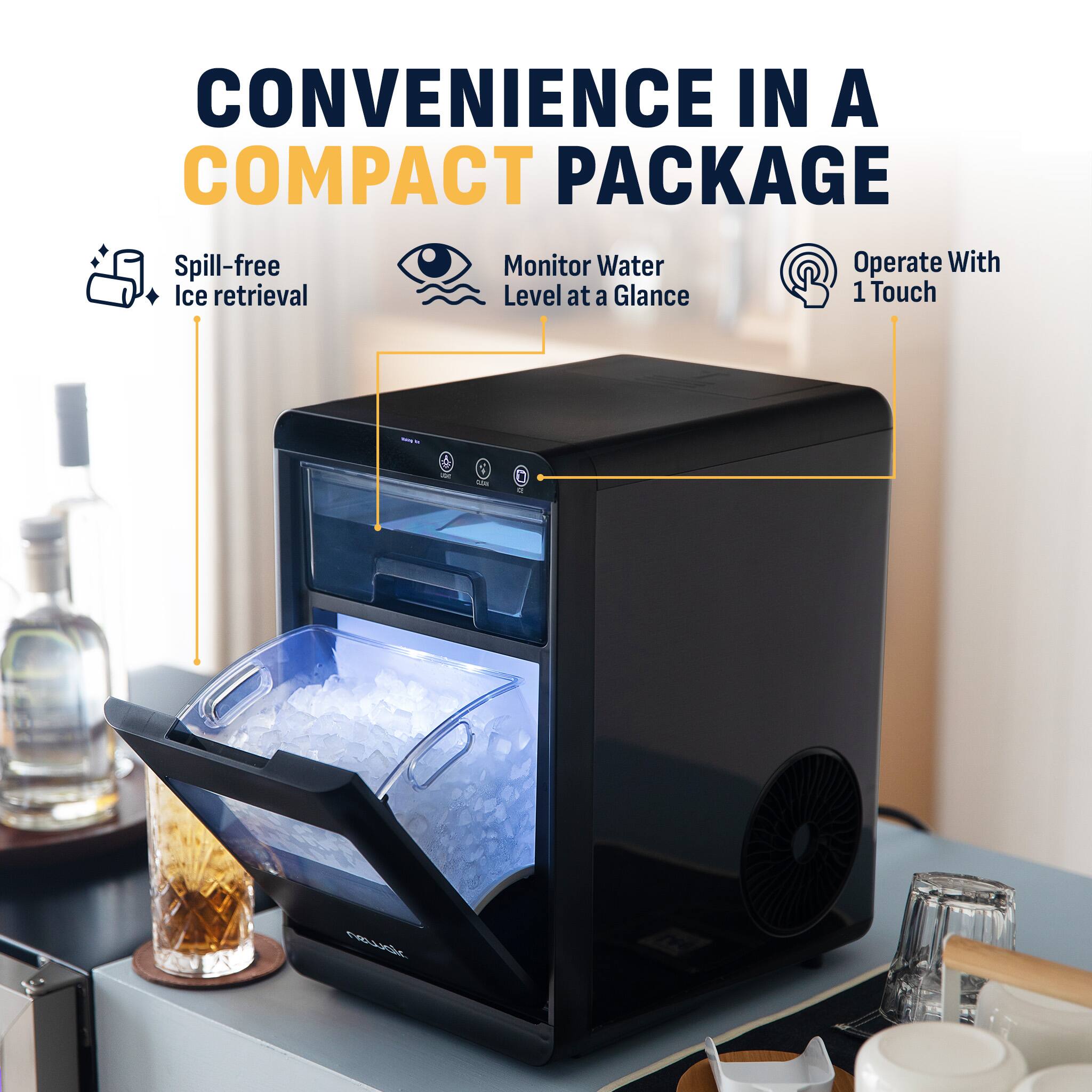 CONVENIENCE IN A COMPACT PACKAGE

- Spill-free Ice retrieval
- Monitor Water Level at a Glance
- Operate With 1 Touch