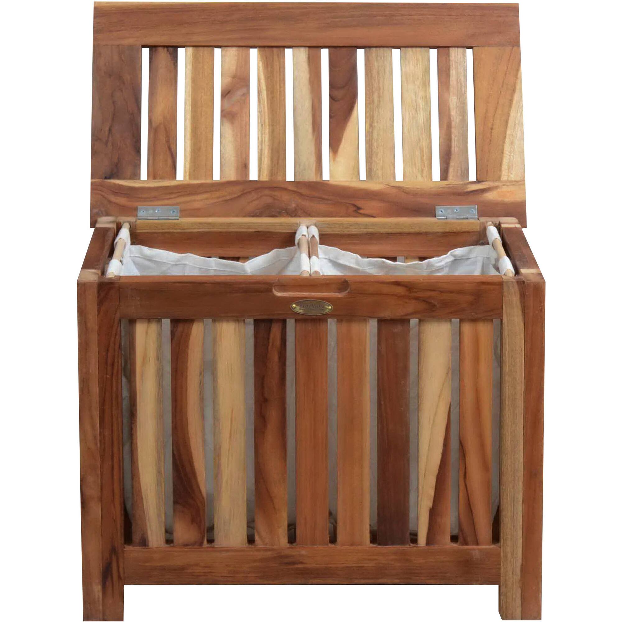 Back. EcoDecors - EcoDecors® Eleganto® 23" Wide Teak Wood Double Laundry Storage Hamper with Removable Bags in EarthyTeak® Finish - EarthyTeak.