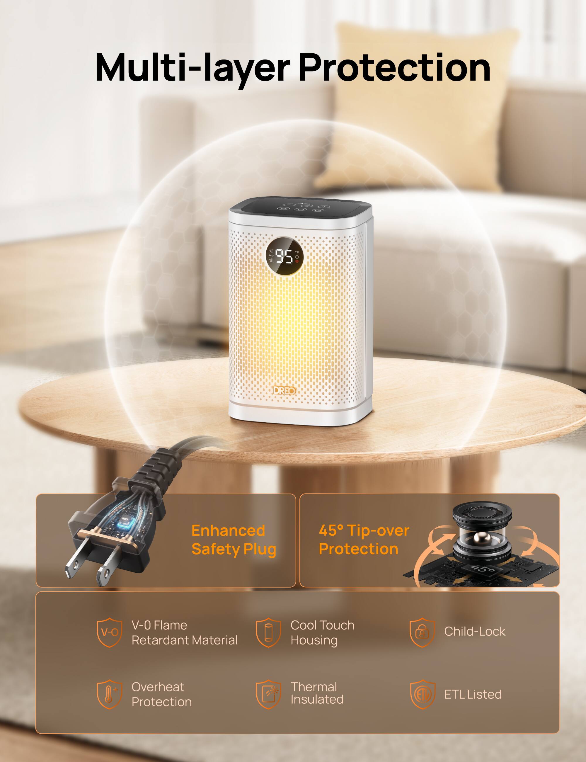 Multi-layer Protection

- Enhanced Safety Plug
- 45° Tip-over Protection
- V-0 Flame Retardant Material
- Cool Touch Housing
- Child-Lock
- Overheat Protection
- Thermal Insulated
- ETL Listed