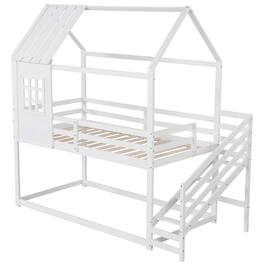 Costway - Twin House Bunk Bed with Stairs Roof Rails & Window Full-length Guardrails - White