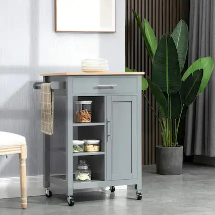 Front. Kadyn - Compact Kitchen Island Cart on Wheels with Wood Top and Drawer, Gray - Gray.